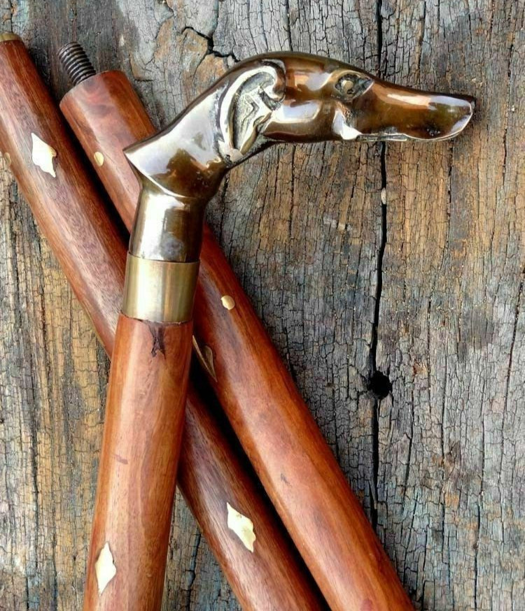 Victorian Brass Dog Handle Head Designer Cane Vintage Wooden Walking Stick Gift
