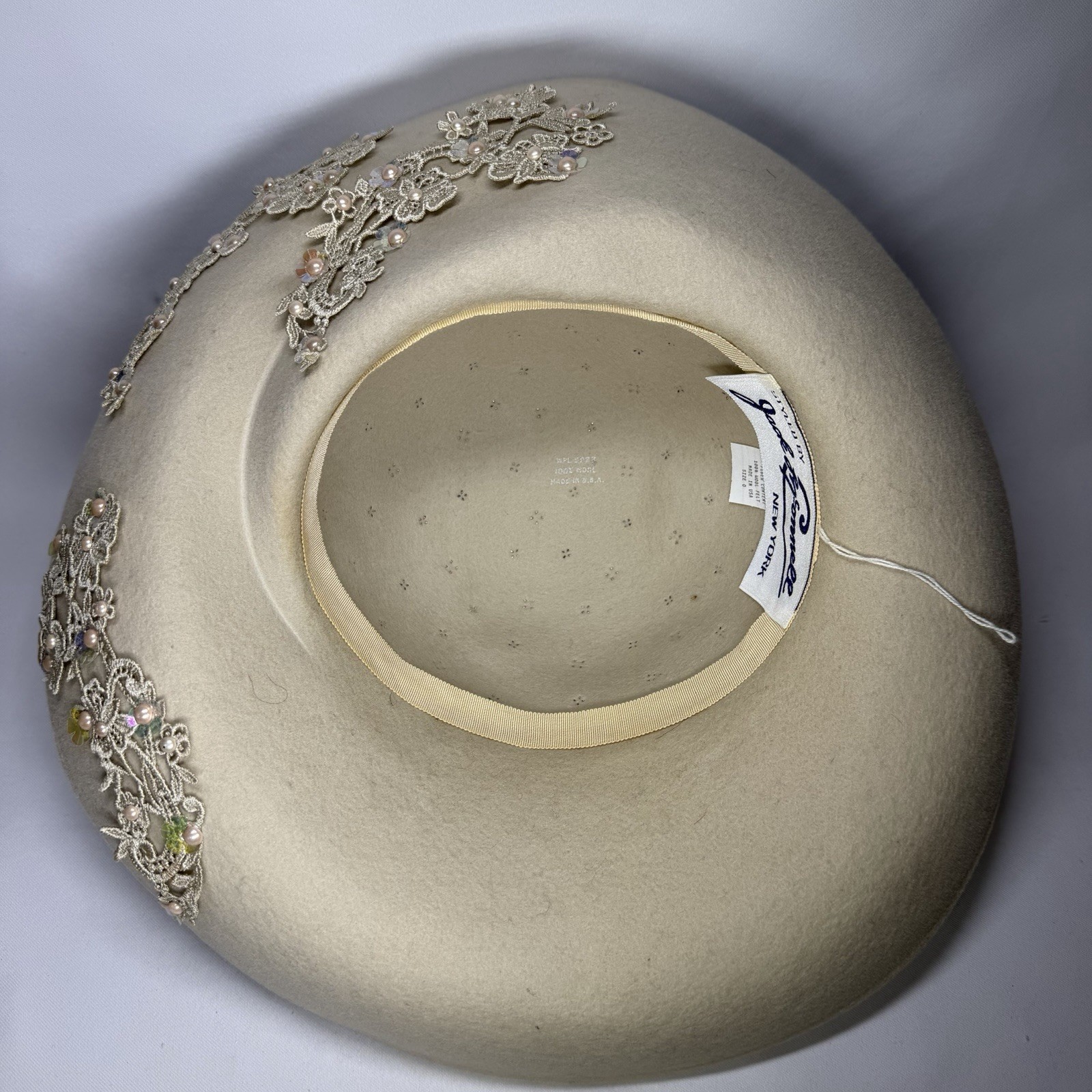 Jack McConnell Hat Vintage Wool Lace Iridescent Flowers Faux Pearls Church Derby