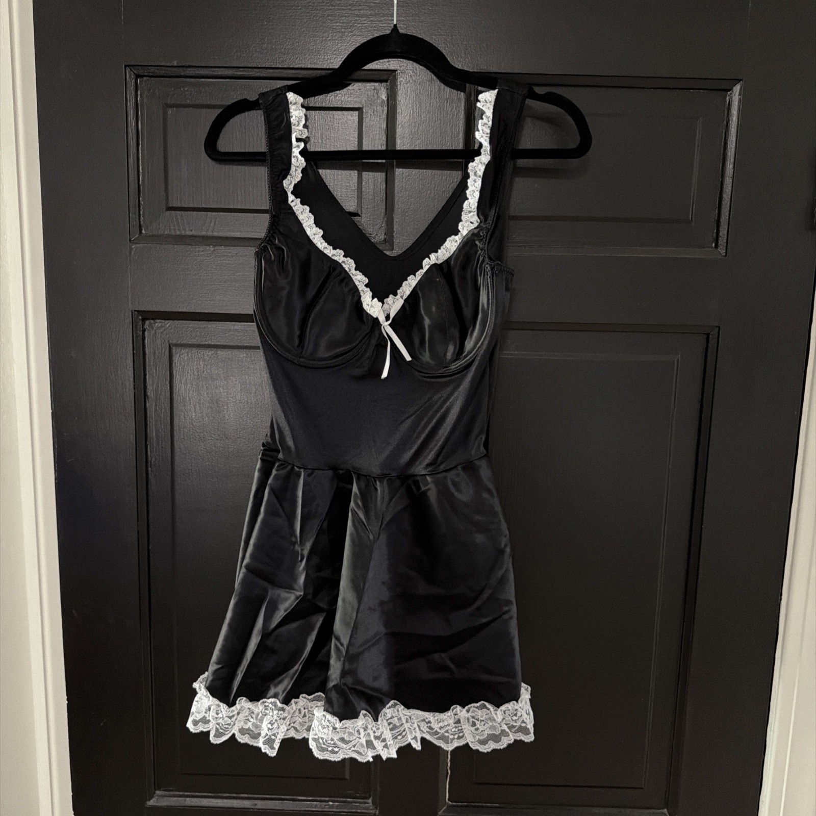 VTG Fredericks Of Hollywood French Maid Dress Size L Black Satin White Lace -New