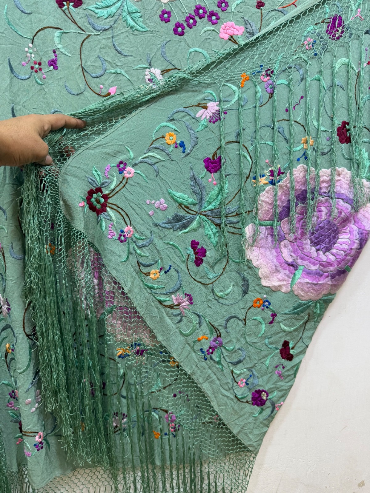 Vintage Manila Silk Embroidered Piano Scarf Shoulder Shawl 120×115 Cm