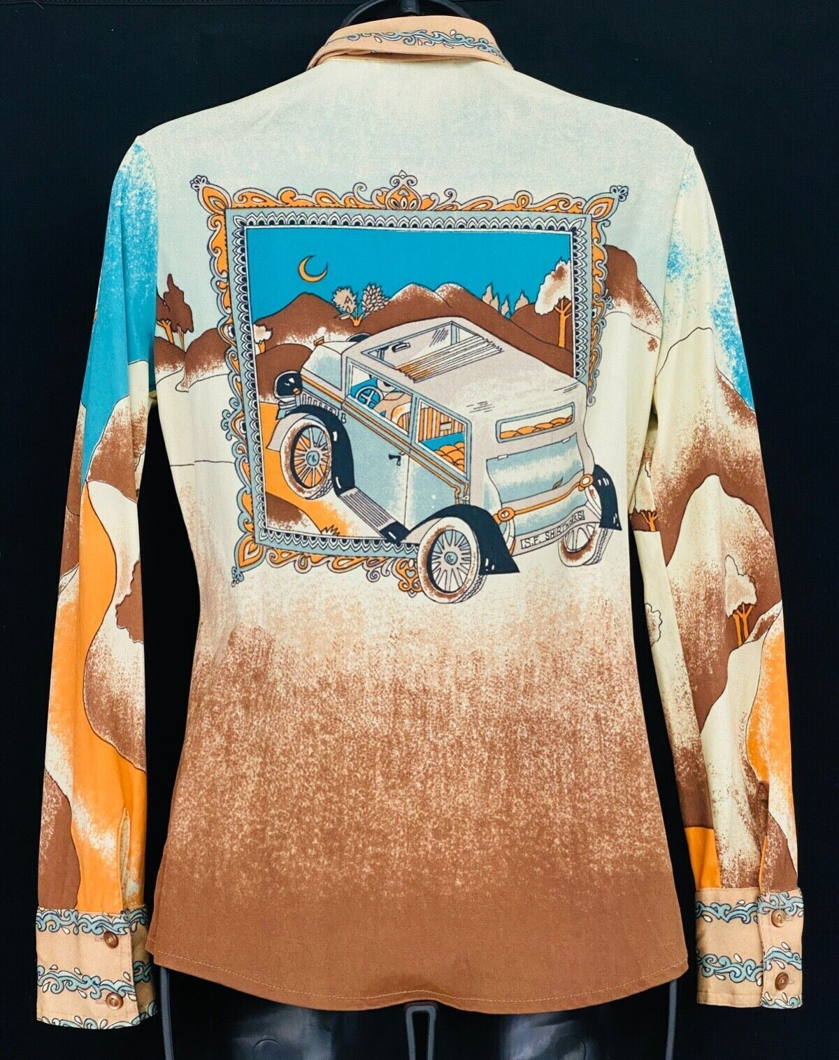 Vintage 1970s novelty print blouse, car San Francisco Shirt Works deadstock top