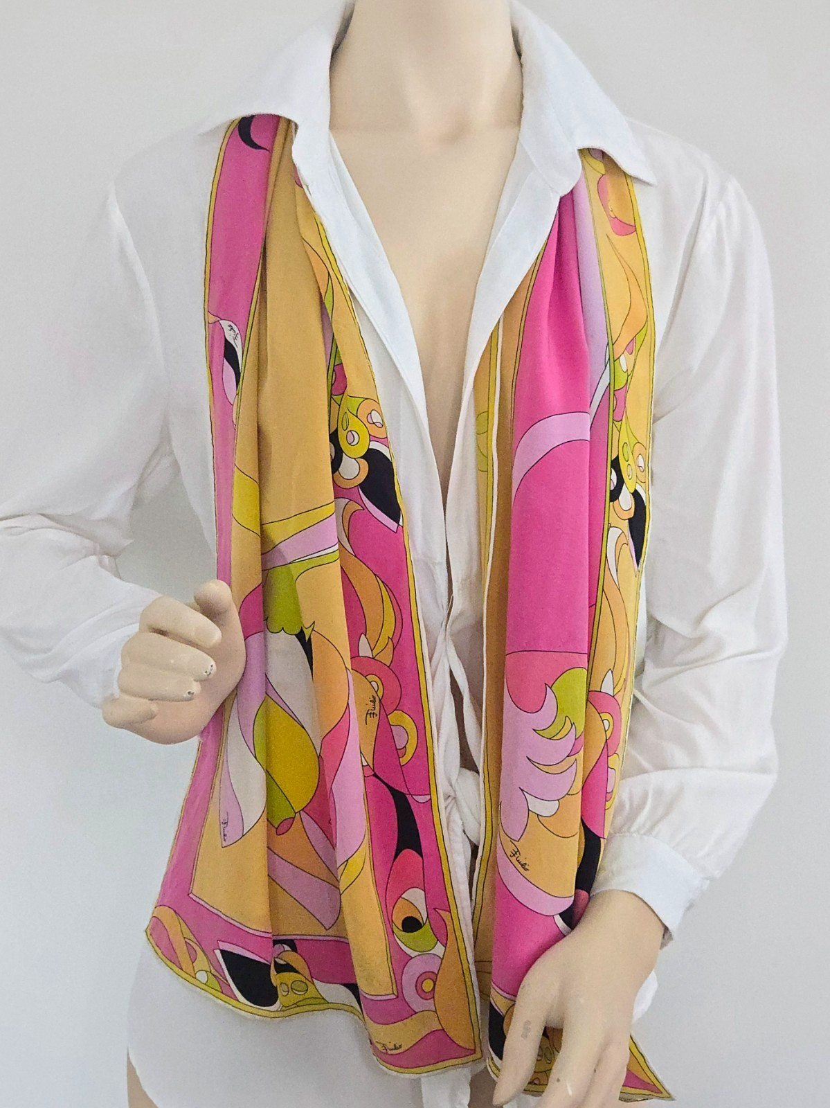 Vintage Emilio Pucci Firenze Silk Scarf Pink Yellow Abstract Print 58 Inch Italy