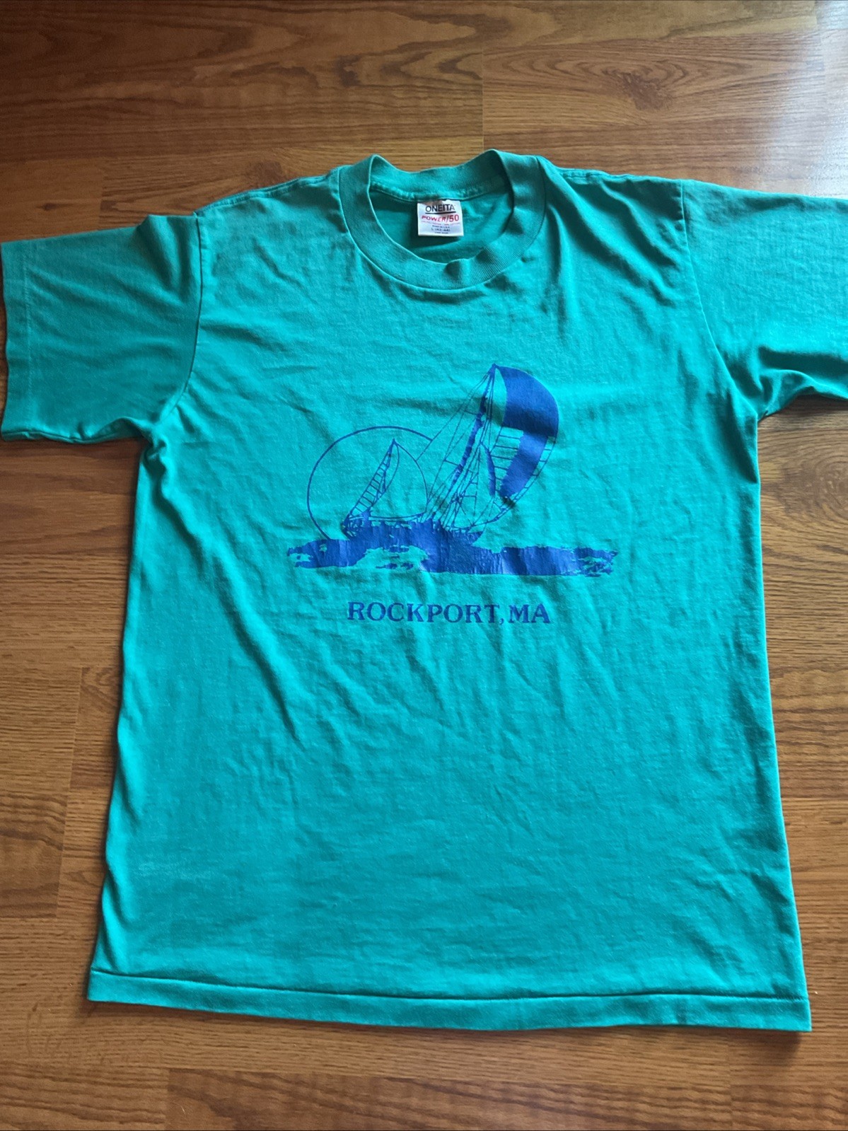 Vintage Rockport Massachusetts Sail Boat Single Stitch Graphic Tee 50/50 Teal L