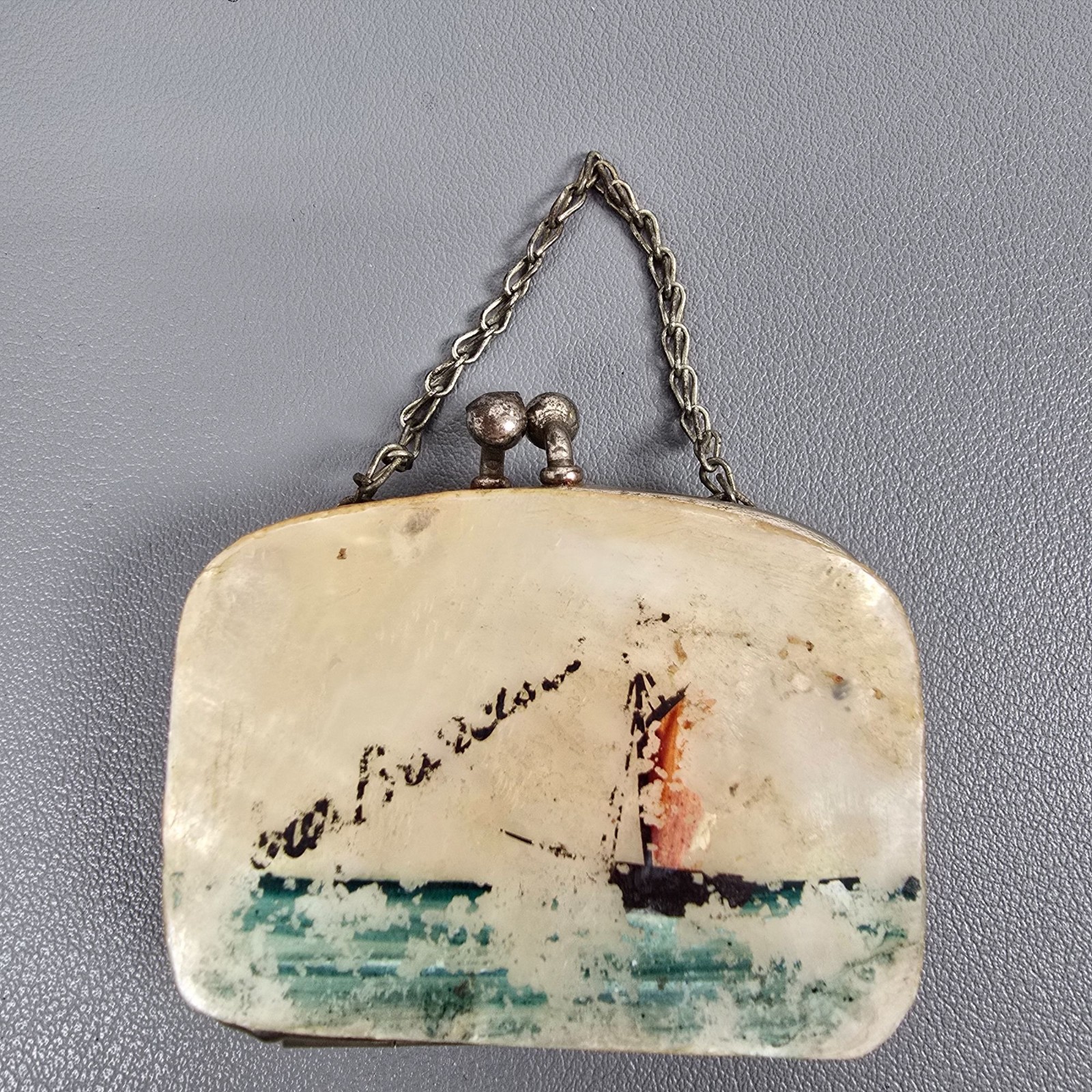 Vintage Germany Mother Of Pearl Sailboat Silver-Tone Miniature Purse W/ Chain