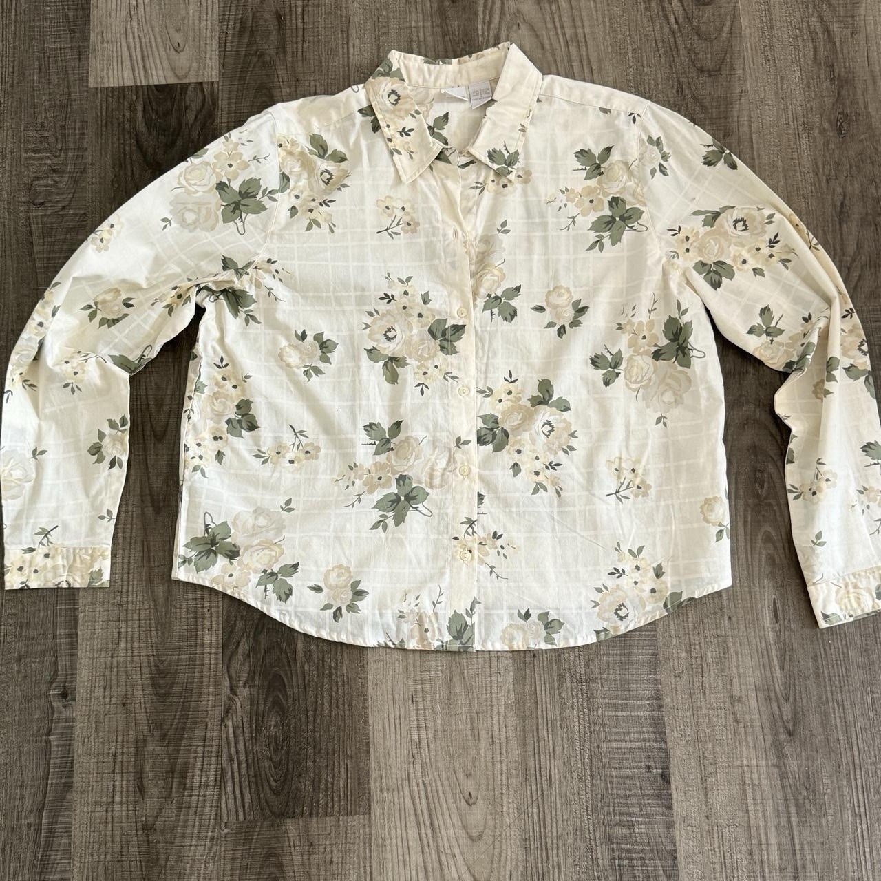 Vtg Cherokee 100% Cotton Beige Floral Button Up Shirt Sz L Granny chic