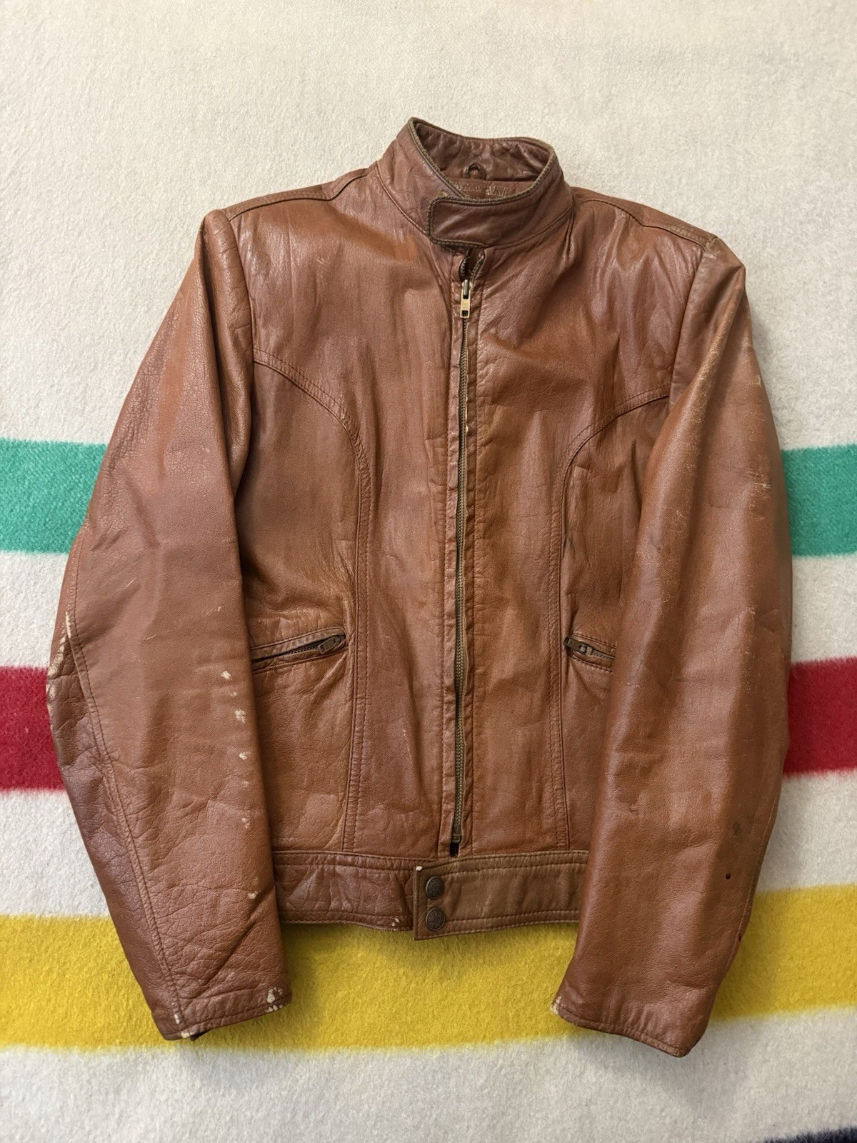 Vintage 70s 80s Kawasaki Cafe Racer Leather Jacket Size Small S 18.5×24” Beige