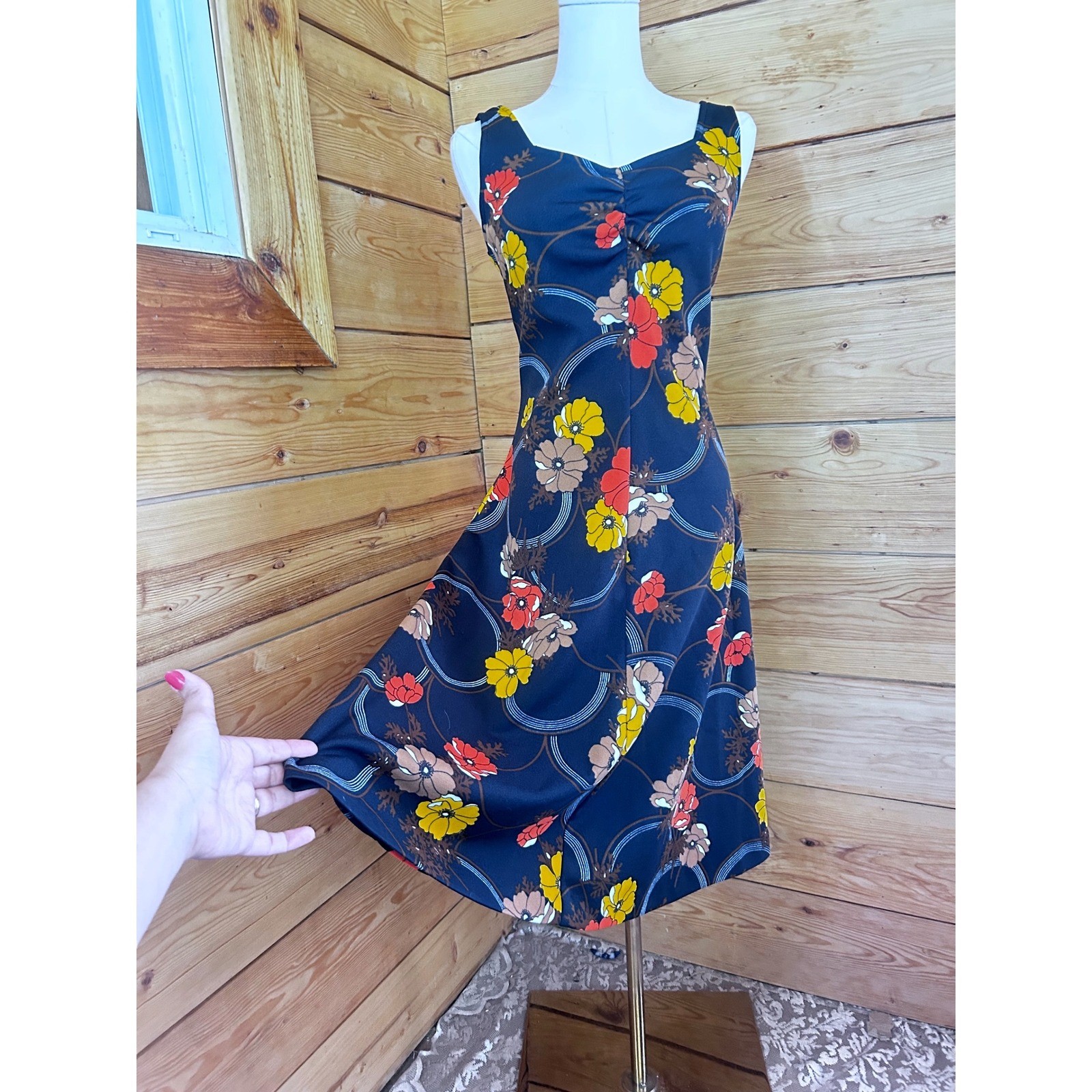 Vintage Floral Sweetheart Midi Dress Womens Medium Navy Blue 70s Retro Handmade