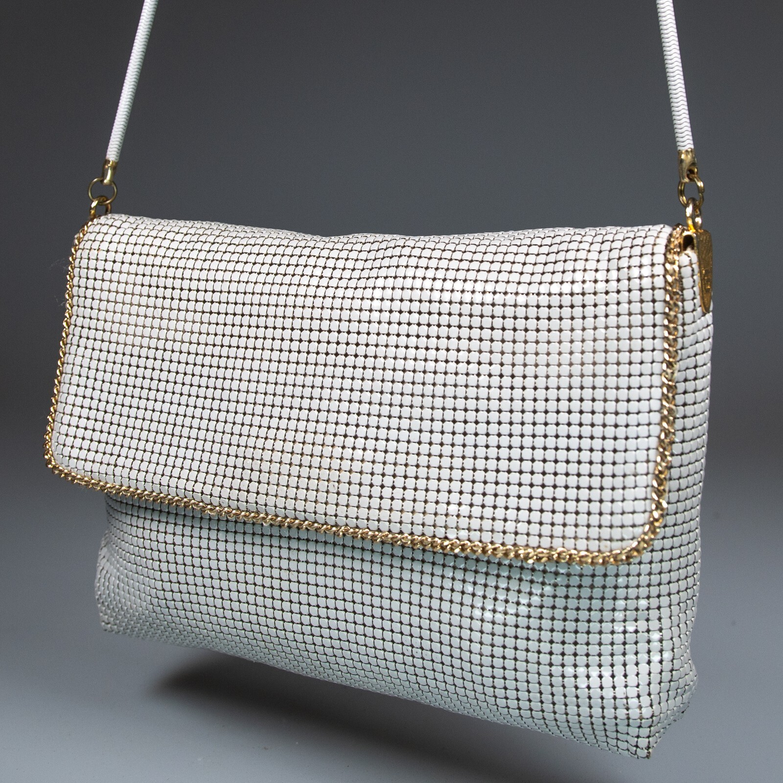 Vintage GLOMESH grey with gold trim crossbody bag – in original box – c1980s