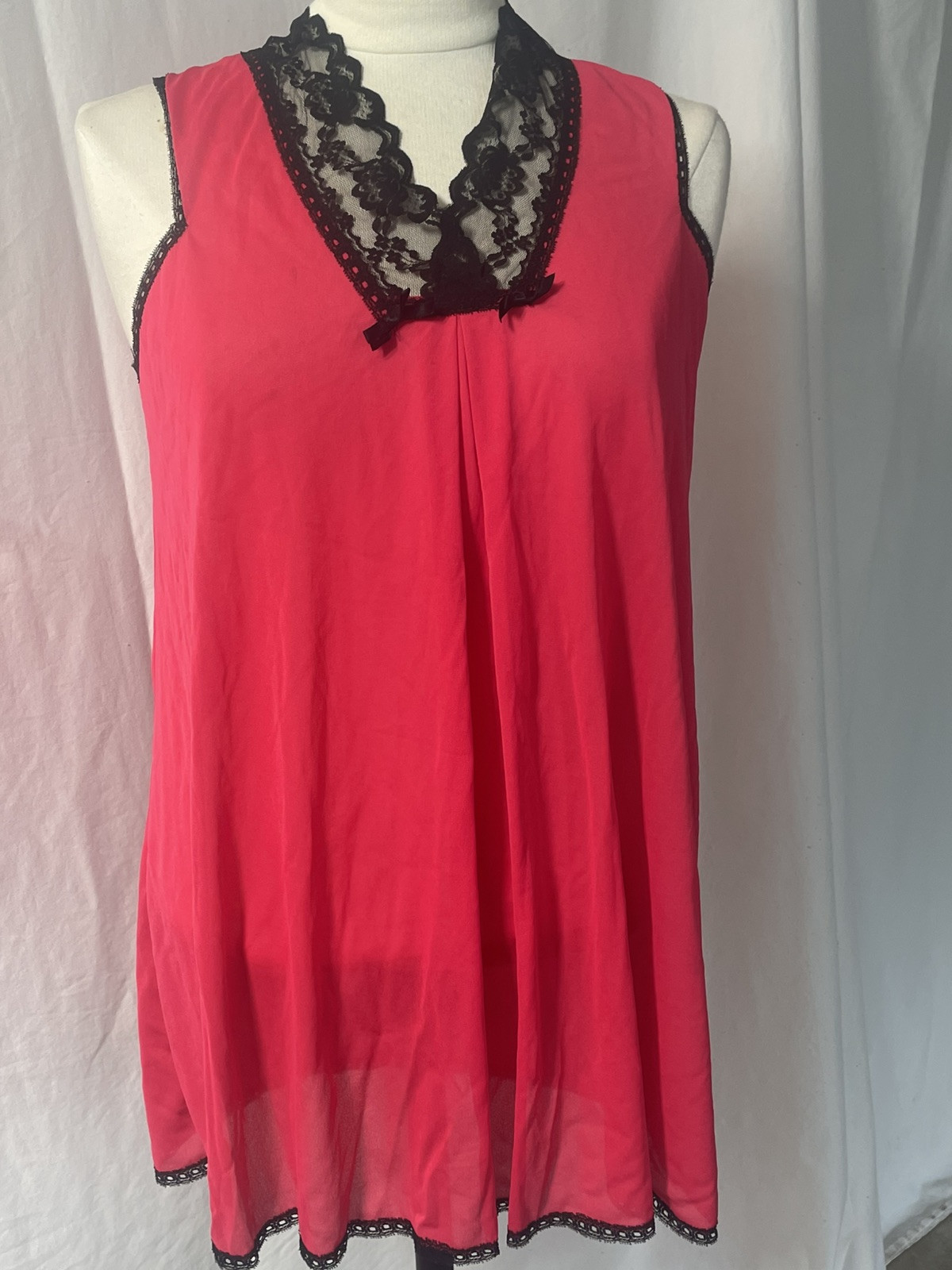 VTG Kayser Red Babydoll Nightgown Black Lace Trim Small Coquette Sexy Pin-up