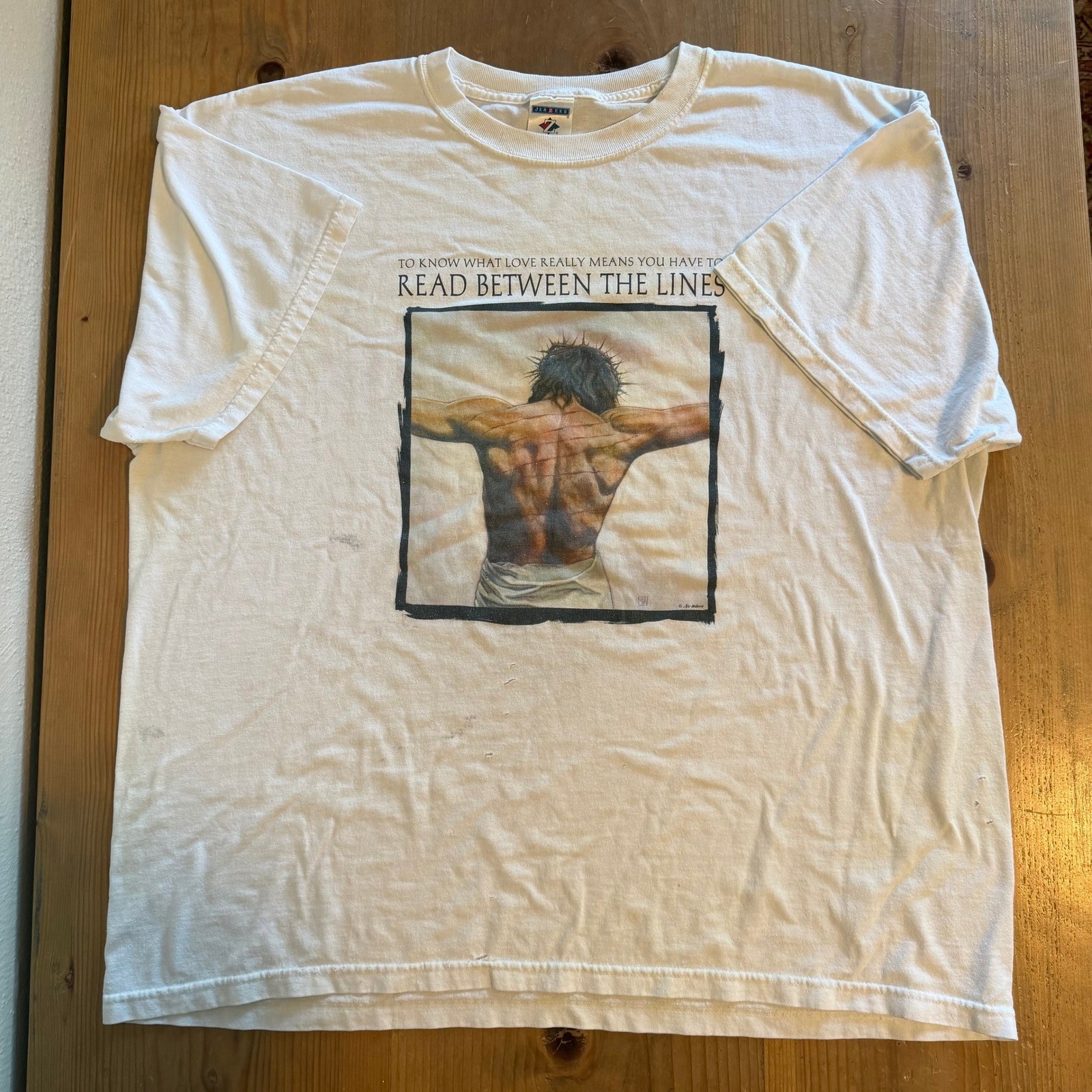 Vintage Jerzees Jesus Read Between The Lines Graphic T-Shirt White XL Religious