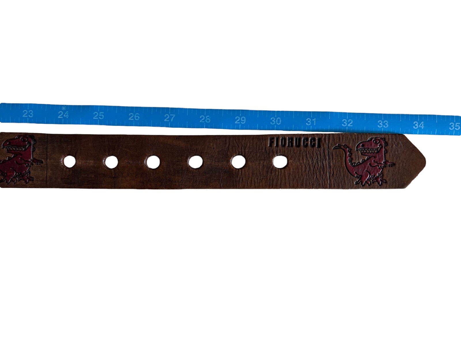 Fiorucci Vintage Kids Brown Leather Red T-Rex Engraved Logo Belt Size M 24-30