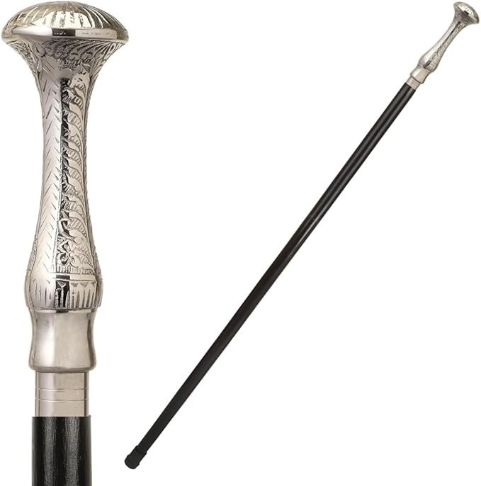 Vintage Style Silver Engraved Walking Cane Handmade Decorative Handle Black Shaf