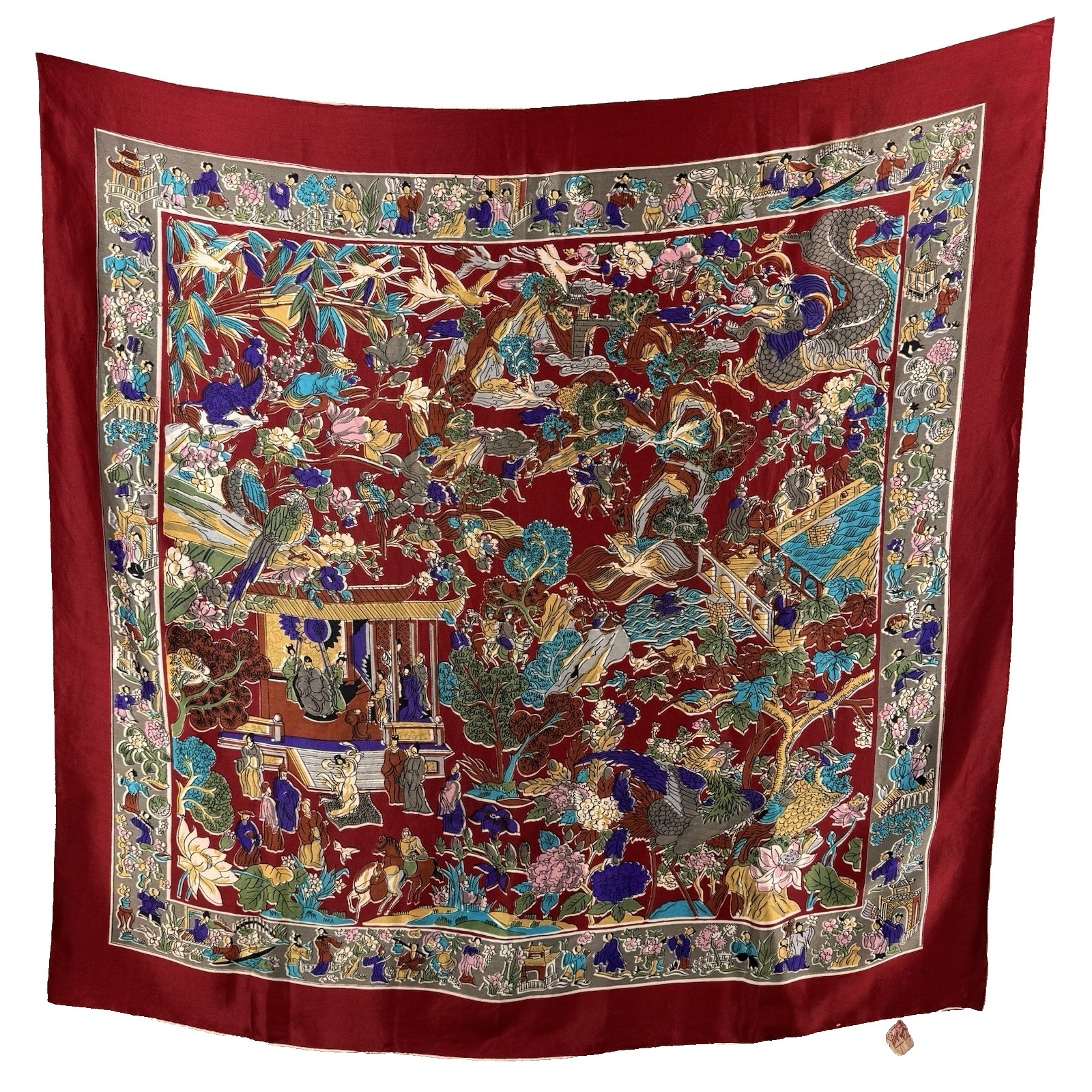 VTG Vanette Creations All Silk Square Scarf 32 inches Oriental Scene Vibrant
