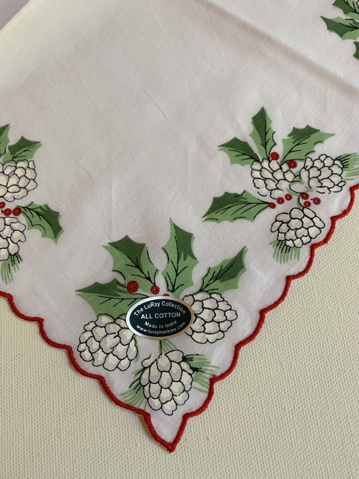 Lovely New LuRay Christmas Hankie Basket Card ~ Mailable Handkerchief Keepsake!