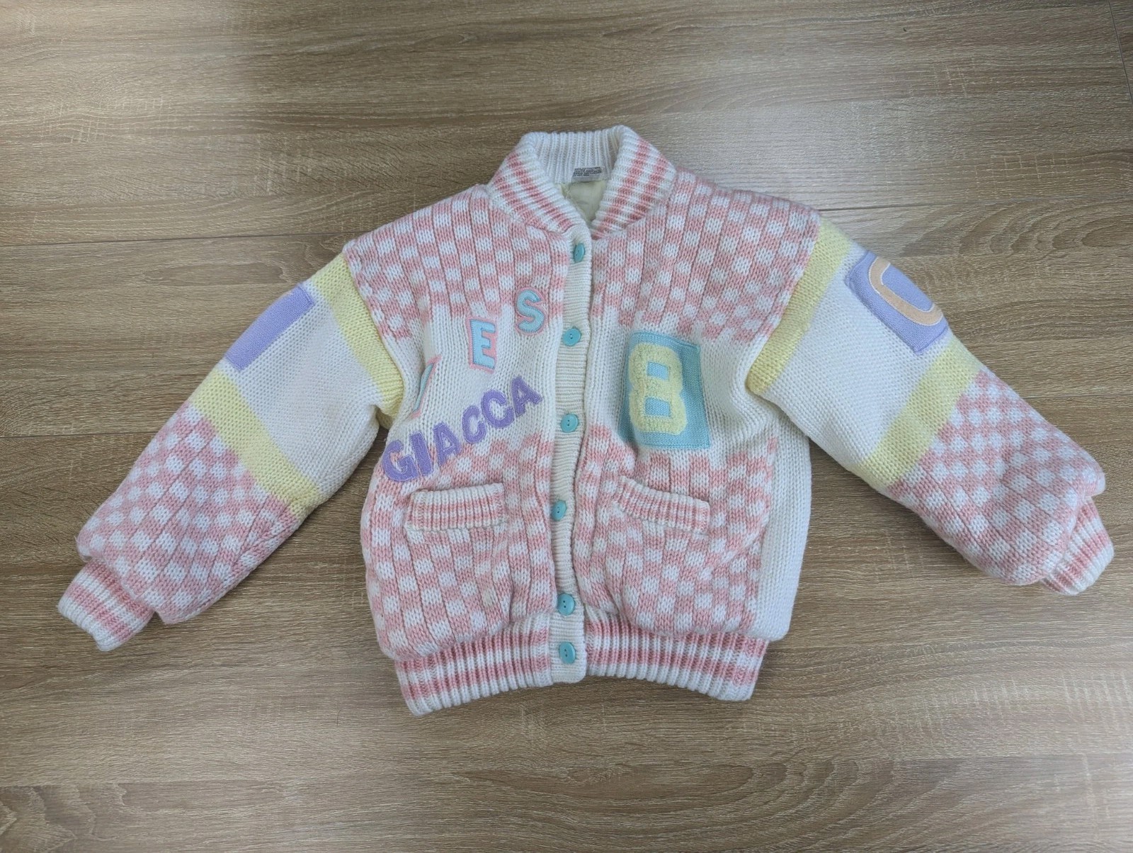 Vintage Giacca Yes Chunky Knit Cardigan Sweater 80s 90s Kids Size 6