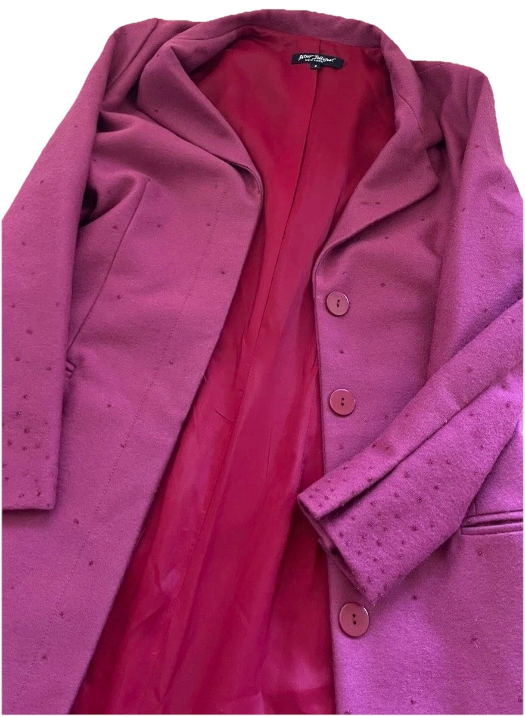 Vtg 90s Betsey Johnson New York Cashmere Wool Beaded Long Fuchsia Jacket Coat-S