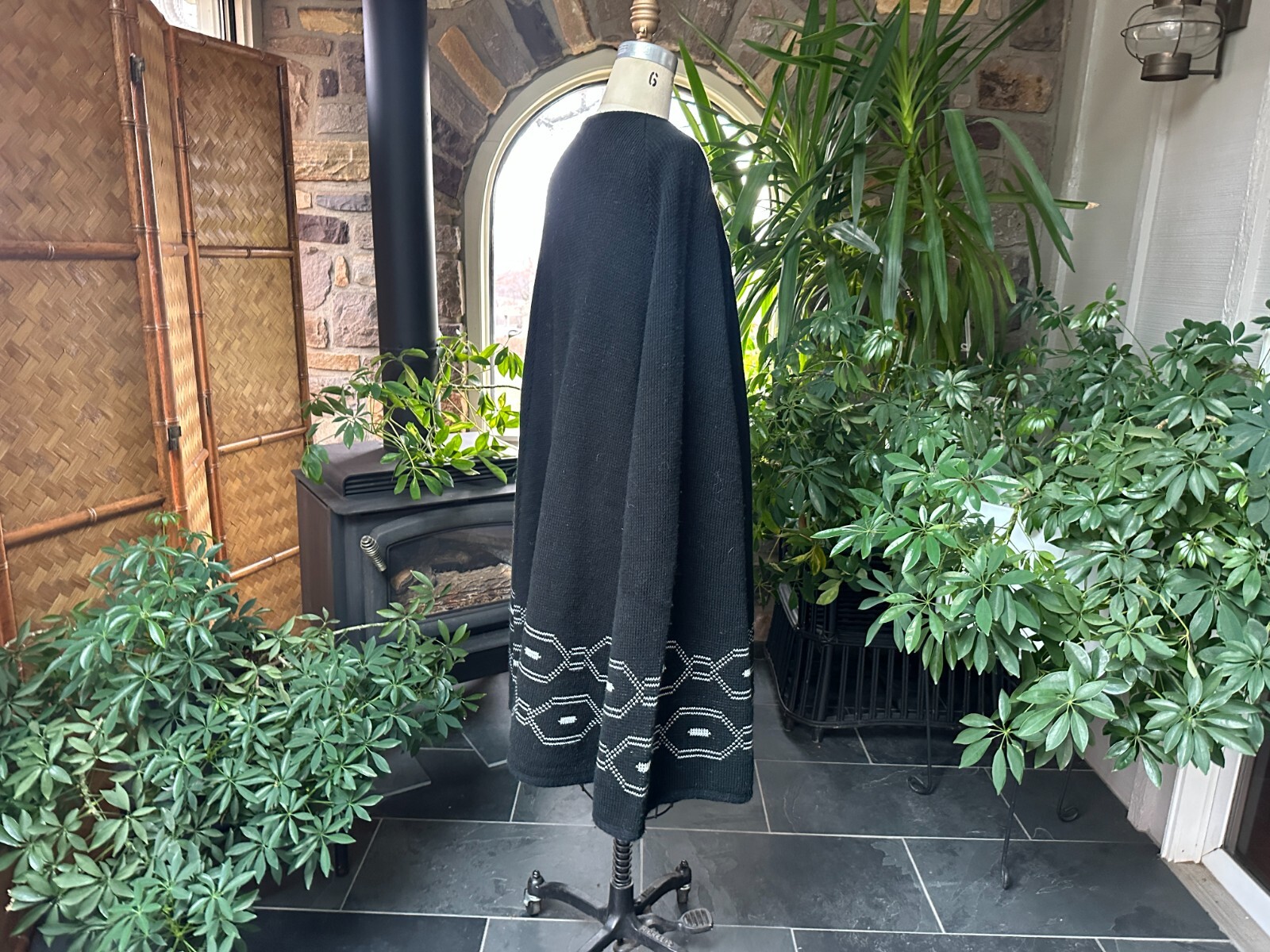 Vintage 1970s Black and White Acrylic Button Front Knee Length Cape Sturbridge