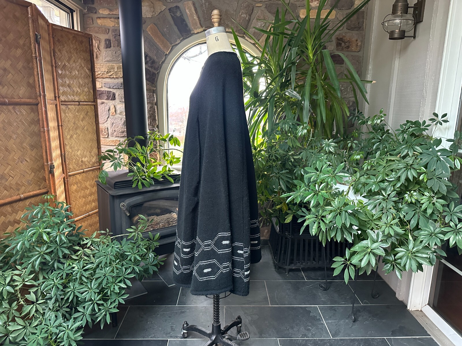 Vintage 1970s Black and White Acrylic Button Front Knee Length Cape Sturbridge