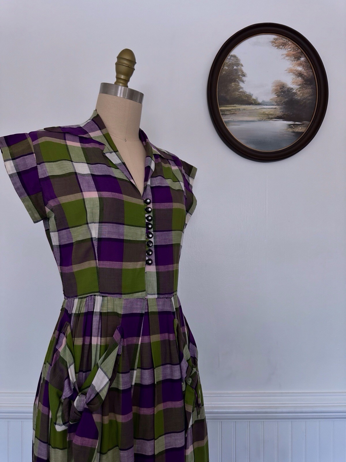 Vintage 1950s Plaid Green And Purple Dress With Pockets