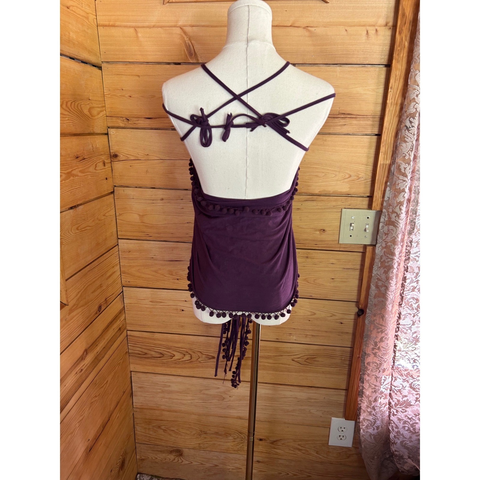 Vintage Purple Convertible Multiway Wrap Top Skirt Scarf Boho Pom Pom Fringe Fes