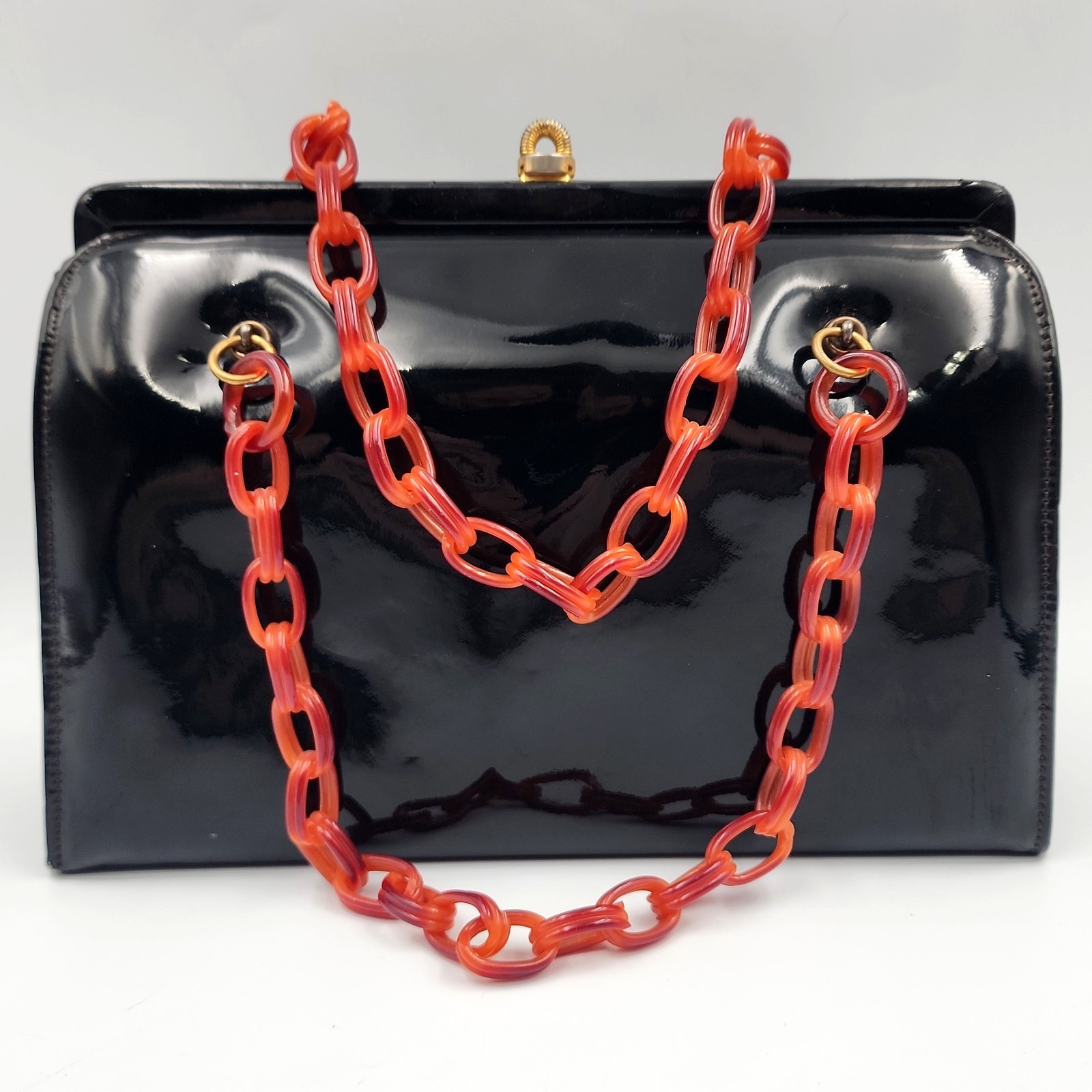 Manon 1950s Genuine Patent Leather Handbag Plastic Chain Handle Orange Black