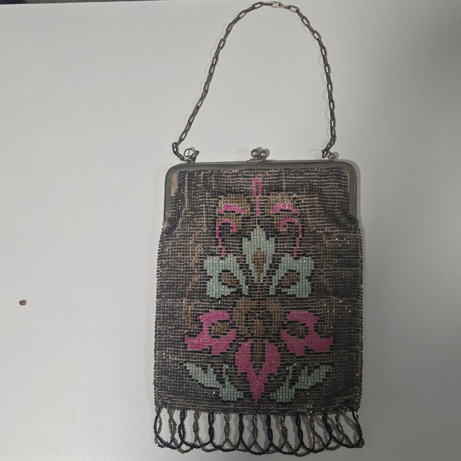 ​Antique German Beaded Purse Floral Micro Bead Handbag with Fringe – Vintage