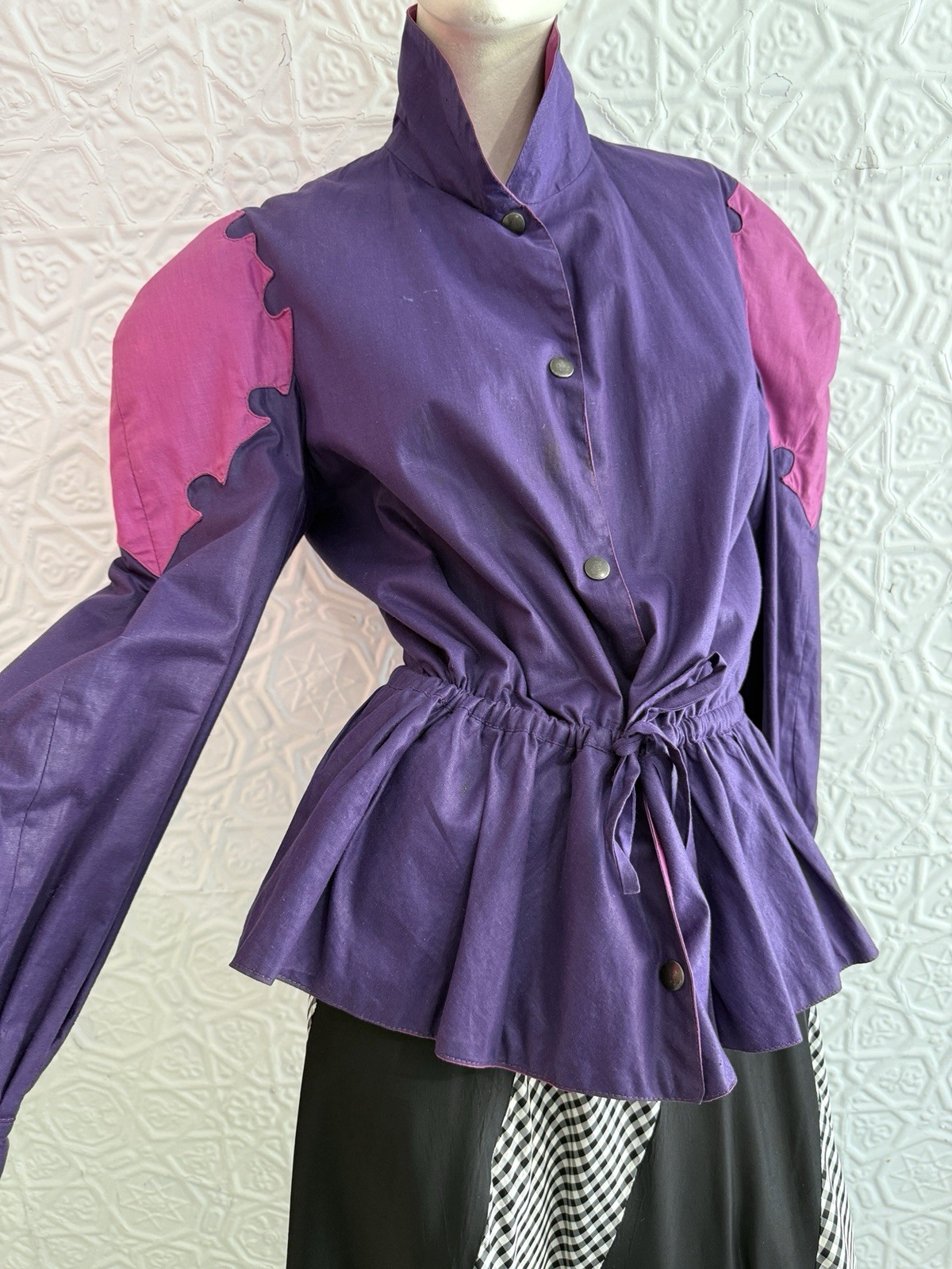 vintage jacket Jean Claude De Luca 1980s pink purple puff sleeve peplum Designer