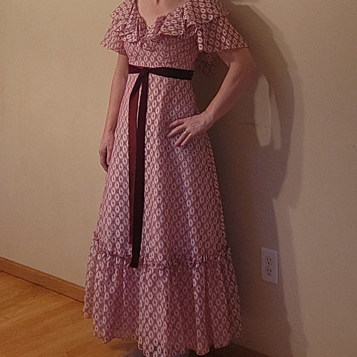 Vtg ILGWU Cottage Core Dress Pink Lace Maxi Ruffle/Layered Cap Sleeve Juniors 11