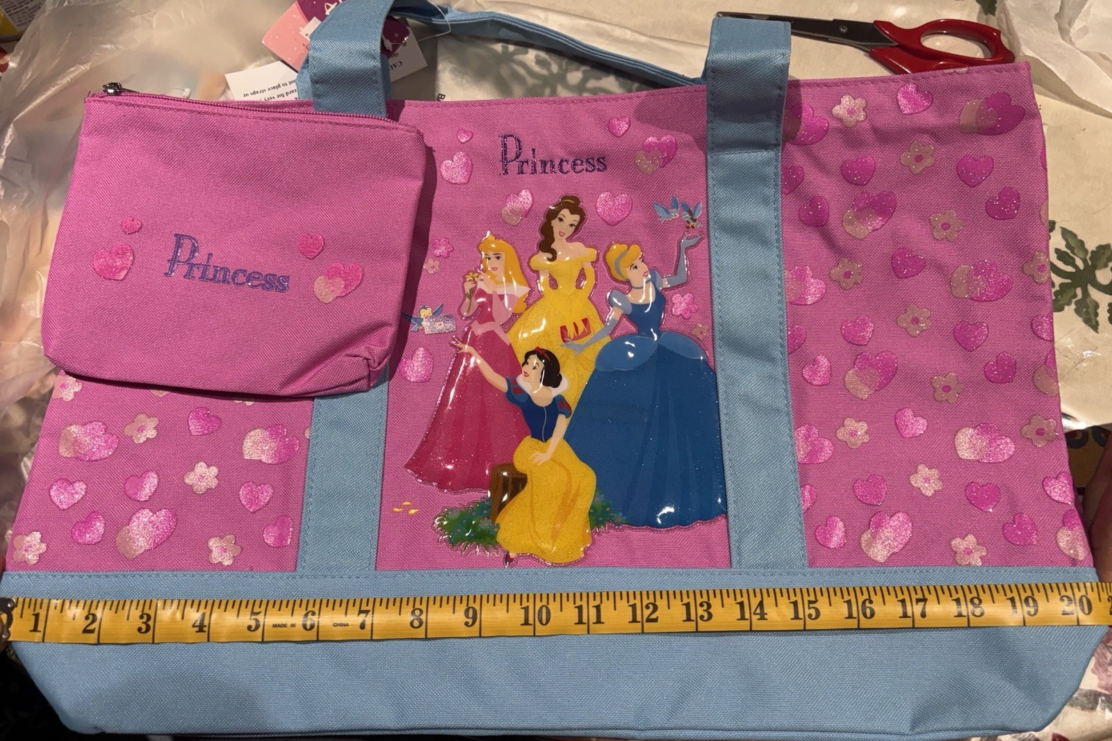 Disney Princess Cinderella, Snow White, Aurora, Belle Pink/Blue Zip Duffle Bag