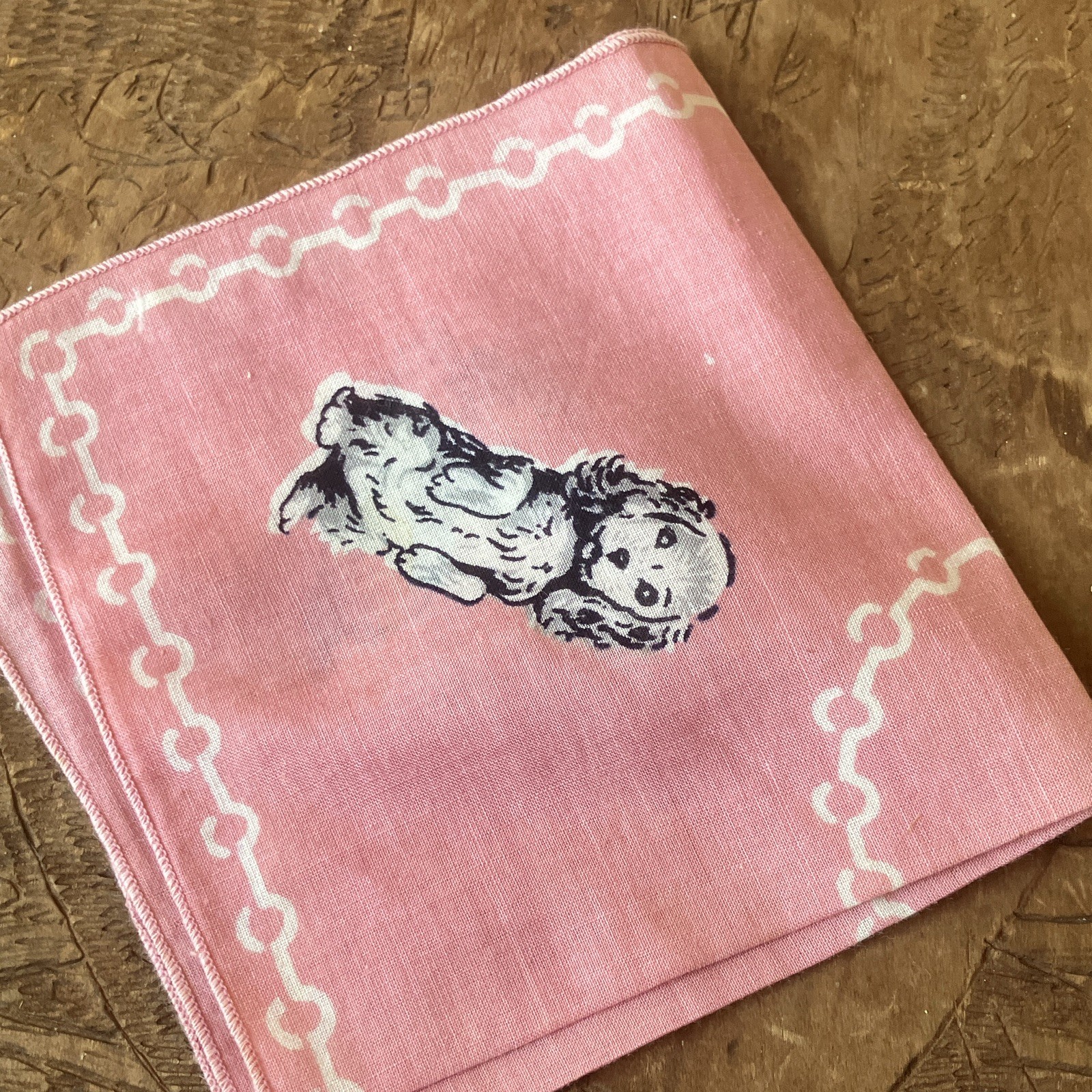 40s/50s Vintage Novelty Dog Print Handkerchief Pink Kids Unisex. Collectible