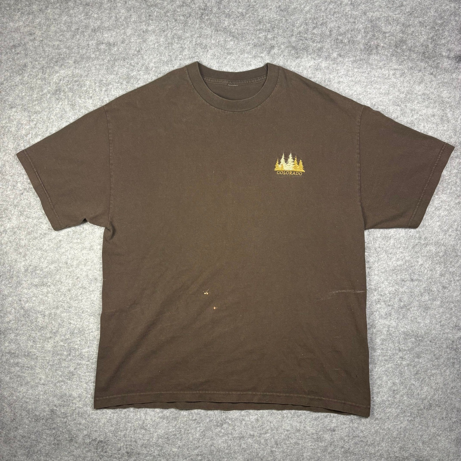 Vintage Colorado Embroidered Tree Graphic T-Shirt Brown Short Sleeve Cotton