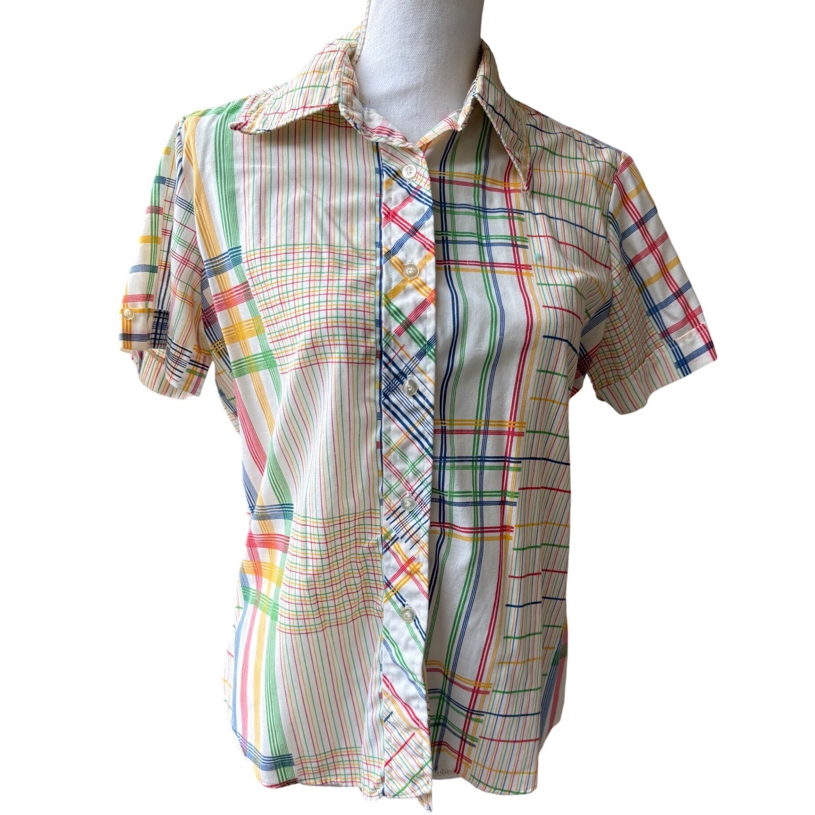 Vintage Rainbow Plaid Grid Short Sleeve Button Up Shirt White Multi Color Medium