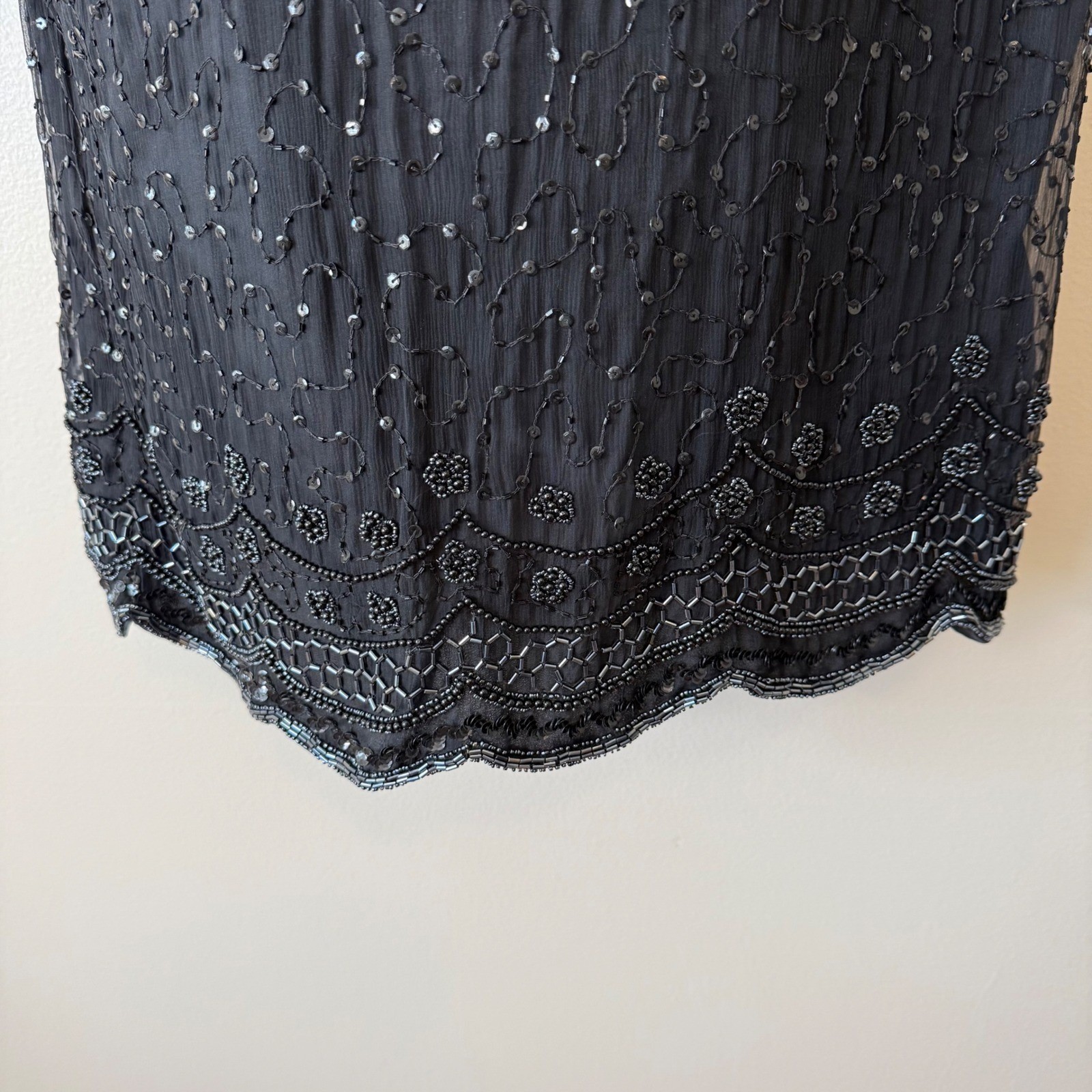 Laurence Kazar NY VTG Beaded Black Sequined Top 1X Party Cocktail Blouse Silk