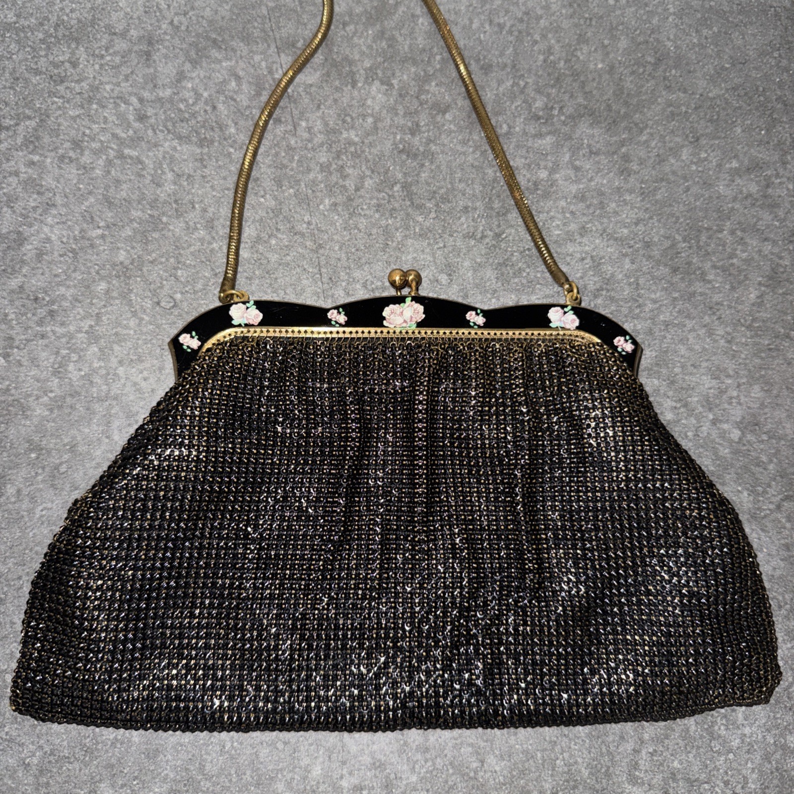 Vintage OROTON elegant floral framed black glomesh ladies handbag – c1960s