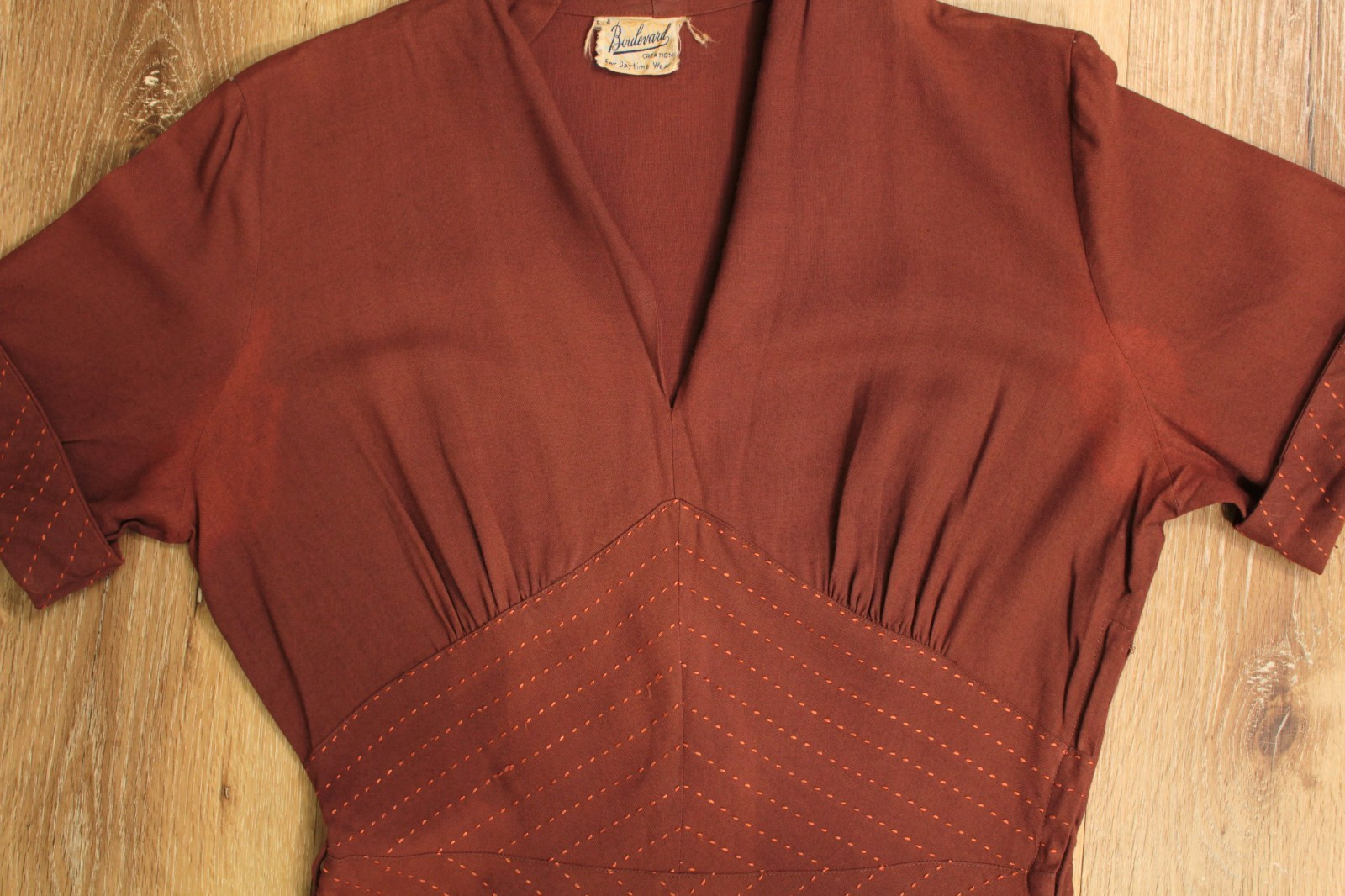 VTG Women’s 40s Brown A Line Dress W/ Decorative Waist Panel Sz S/M 1940s