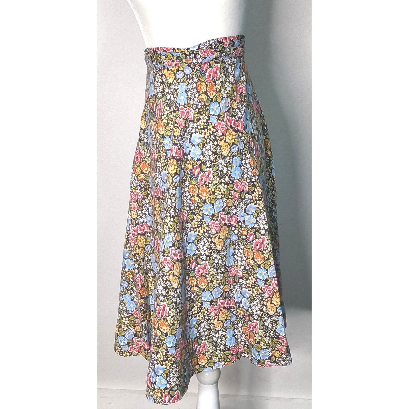 Handmade Wrap Skirt Women Small Multicolor Vintage Floral A-Line Tie