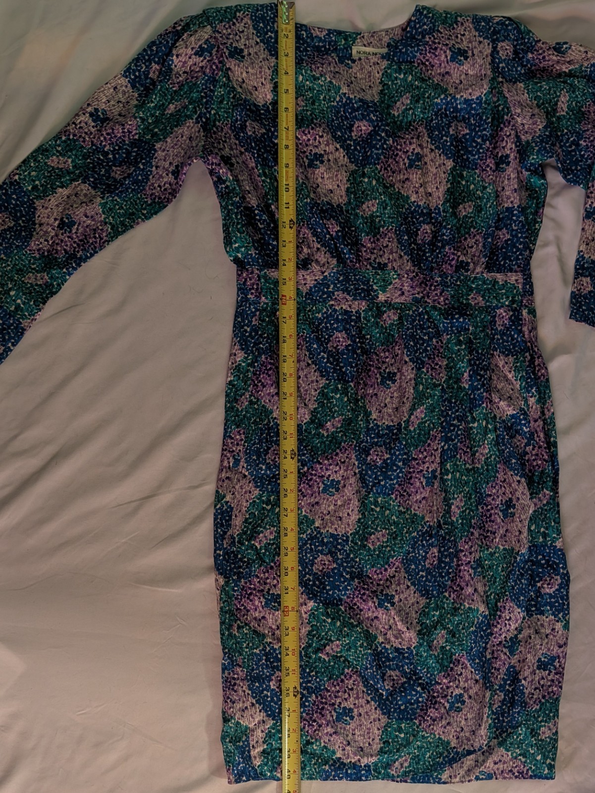 Designer Norah Noh VTG Silk Women Dress Sz 8P Impressionist Blue Green Chic Midi