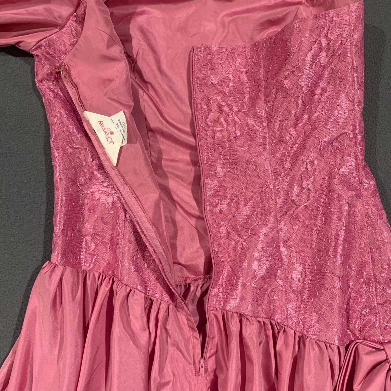 JCPenney One Shoulder Dress Womens 13/14 Pink 80s Vintage Prom Lace Bow Retro *