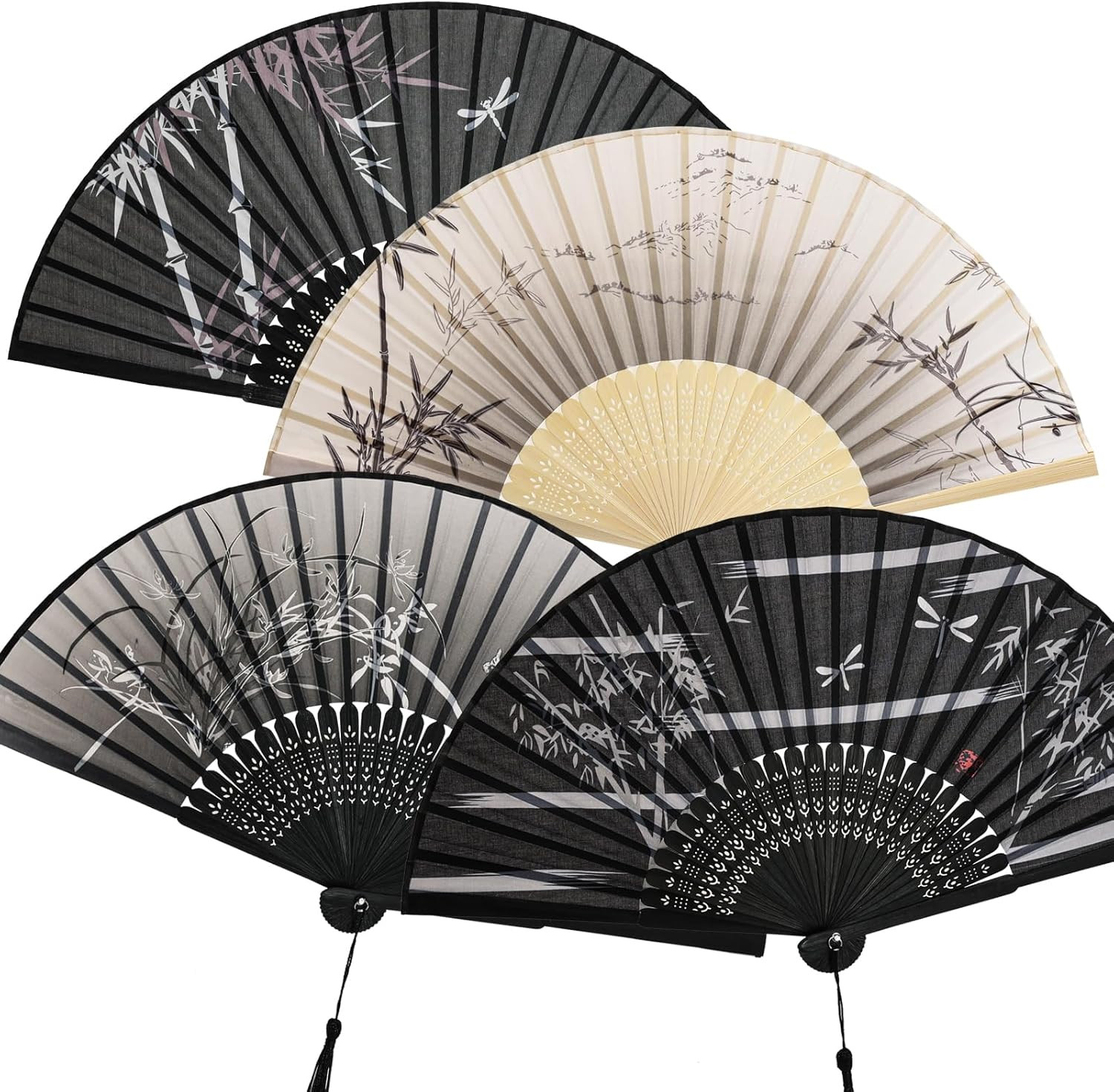 4 Pcs Handheld Folding Fan Small Chinese Silk with Tassel Floral Manual Fan H…