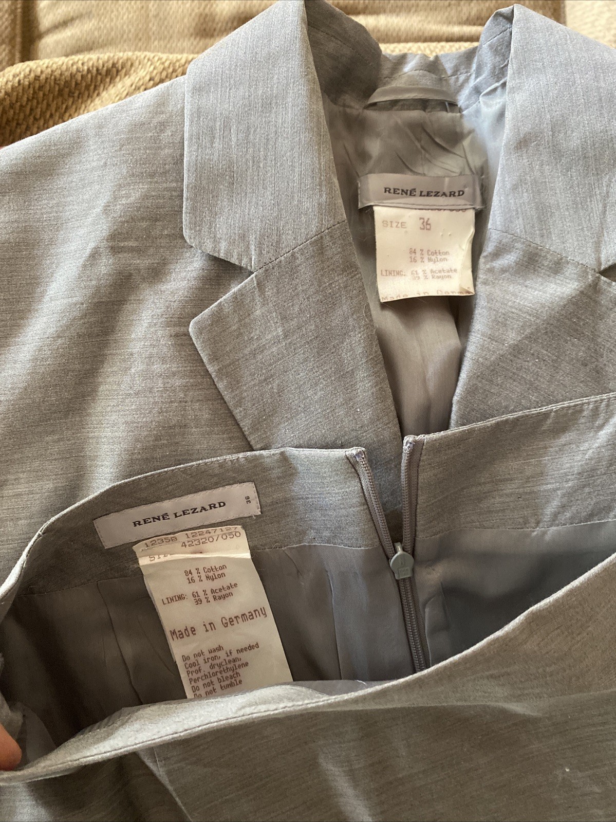Vintage 1990s René Lezard Grey Skirt Blazer Suit 36 xS Office Look Corporate
