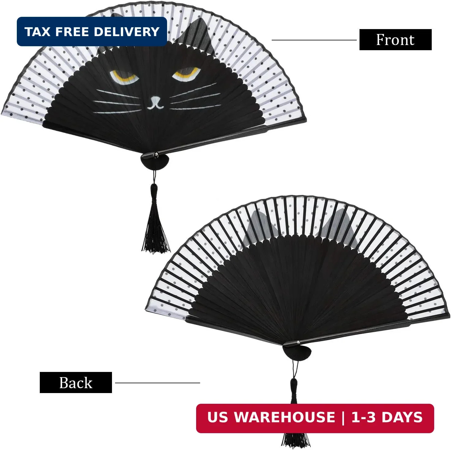 2 Pieces Cartoon Cat Hand Fans Folding Hand Held Fan Women Black Cat Silk Foldab