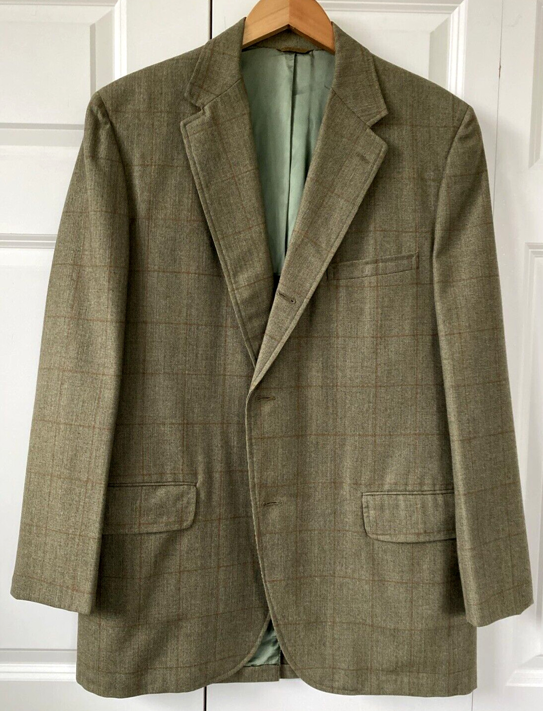 Vtg Rockabilly Mod Green Plaid 3 Roll 2 Wool Hollywood Sport Coat Sz 44L Blazer