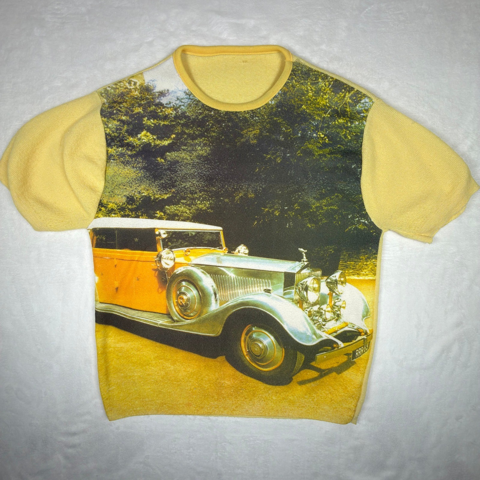 VTG 70’s Rolls Royce Graphic Knit Short Sleeve Shirt Yellow RARE SEE DESCRIPTION