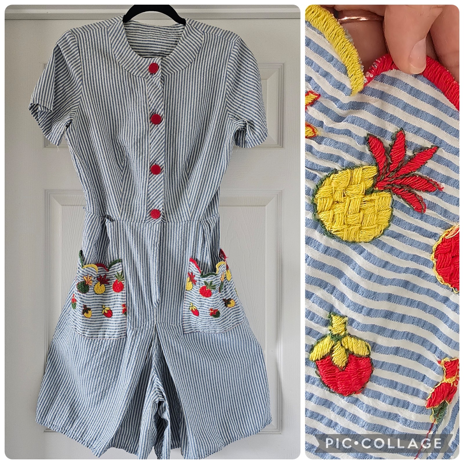 1950s 1960s Vintage Romper Seer Sucker Fruit Pockets Playsuit Embroidery #75