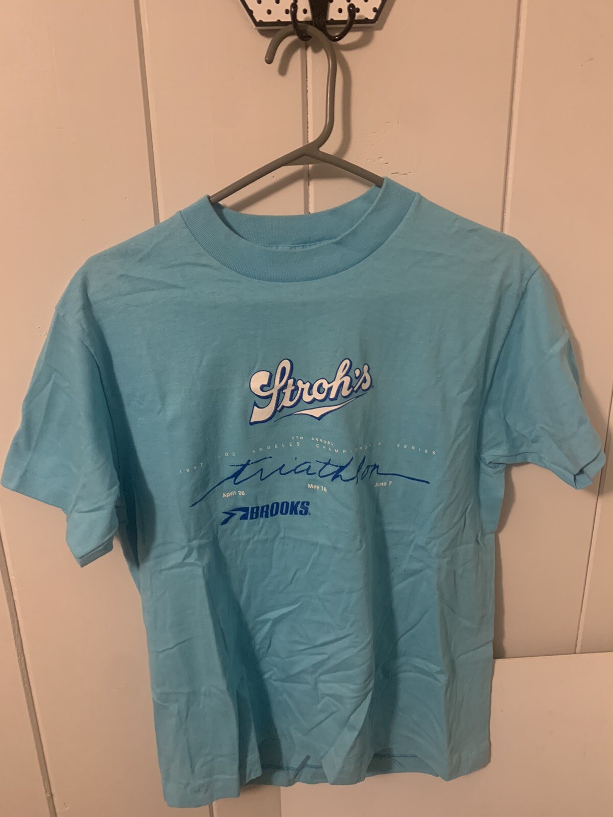 Vintage Strohs Brooks Triathlon 50/50 Mens HefT T Shirt M Blue Soft Thin 1987