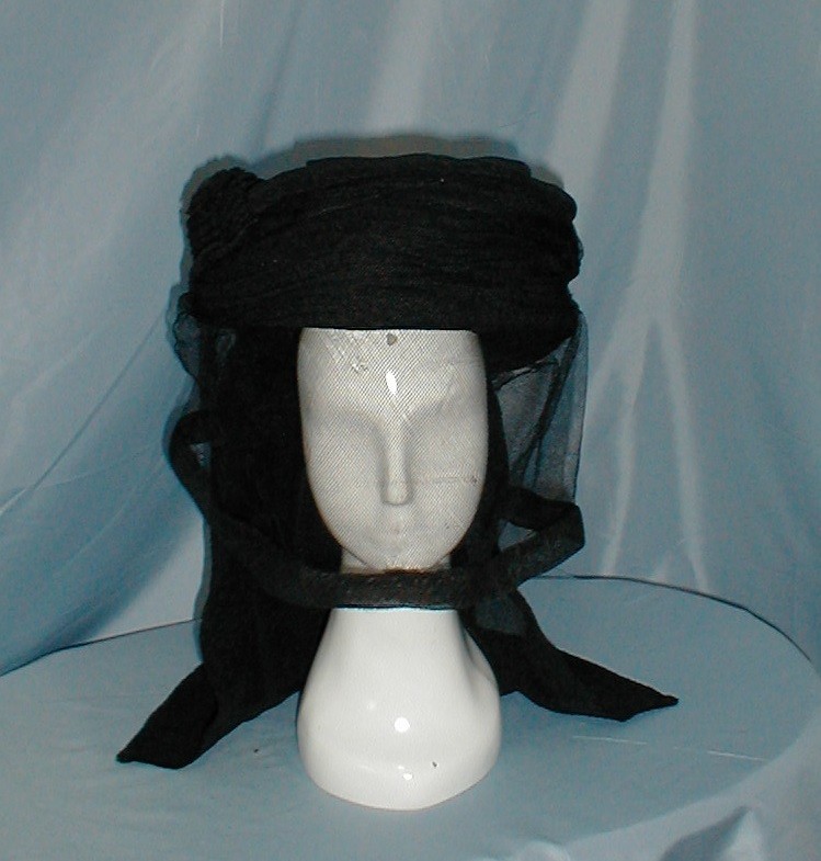 Antique Mourning Hat Edwardian 1912 Black Crepe w/ Veil and Label