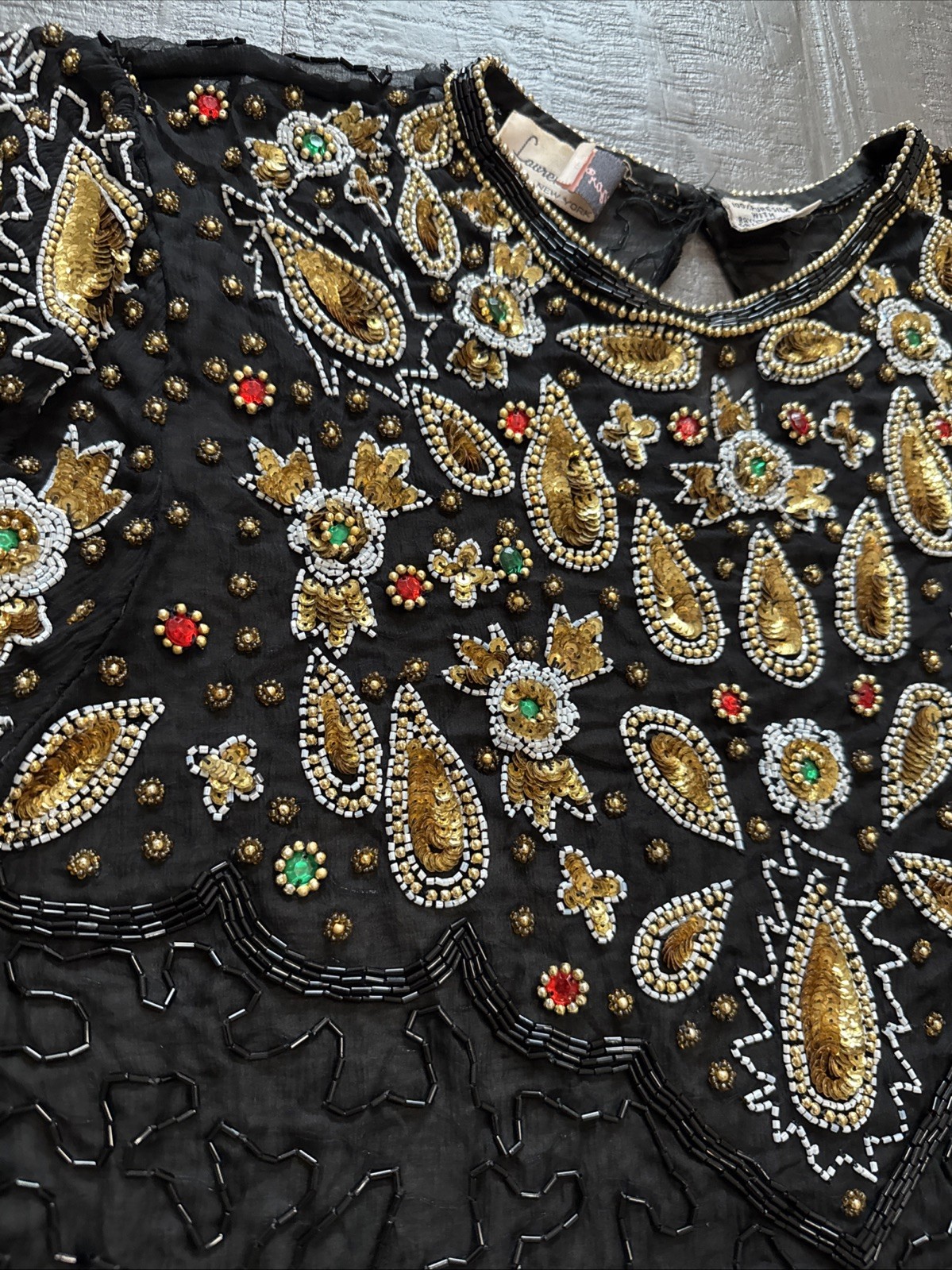 Vintage 1980s Laurence Kazar NY Silk Beaded Multicolor Bodice Shirt Size 1X