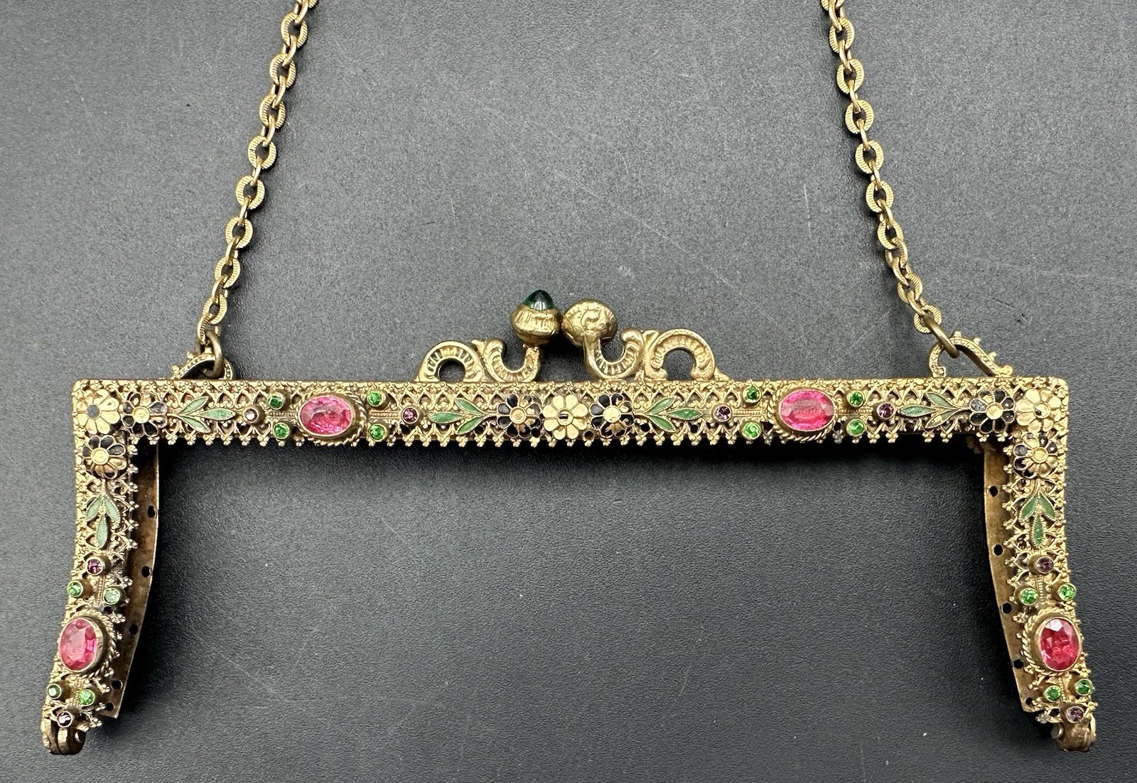 Antique Neiger Brothers Czech Brass Rhinestone Enamel Purse Frame Edwardian