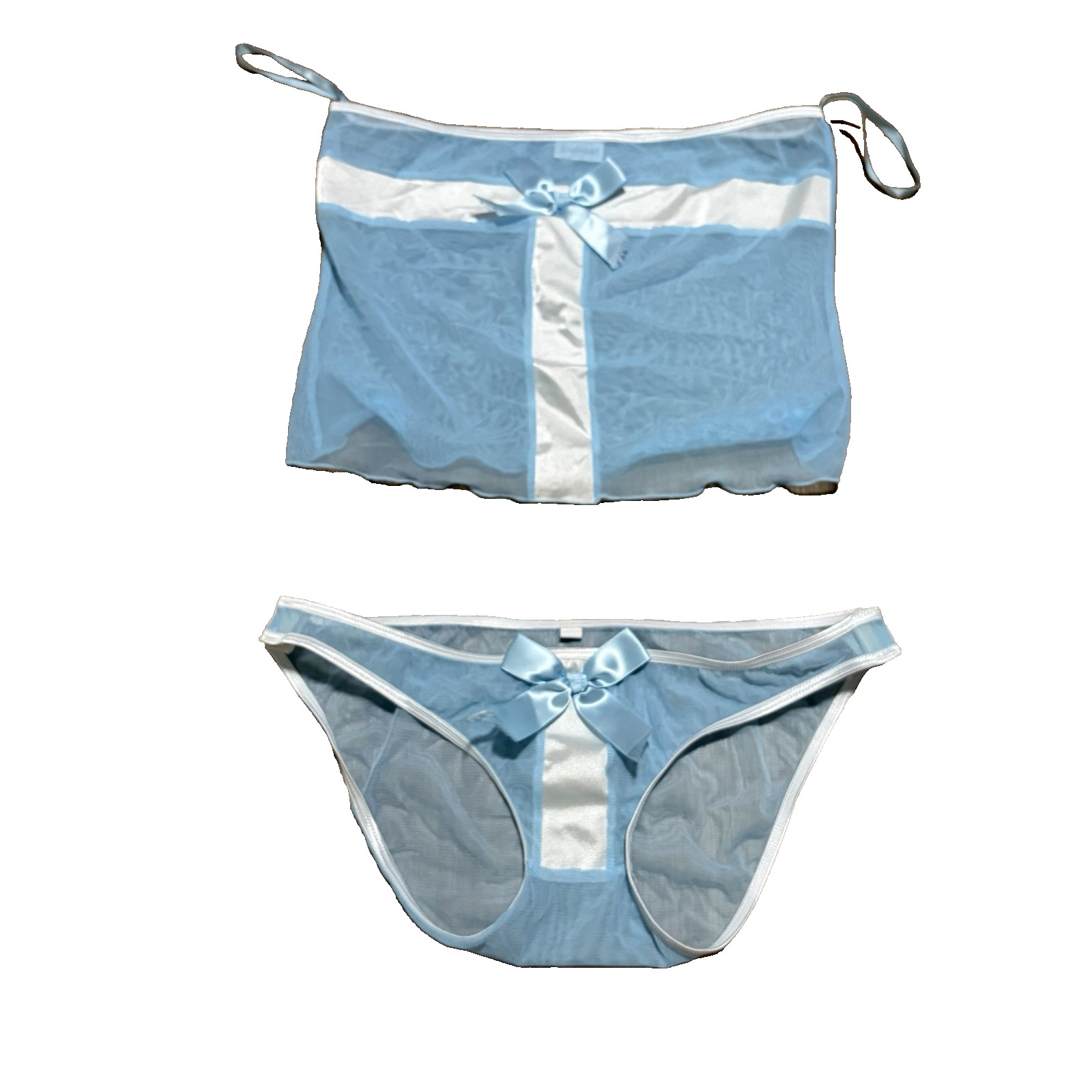 Vintage Hollywood Of Frederick’s Blue Sheer Babydoll Bow 2 Piece Lingerie Set M