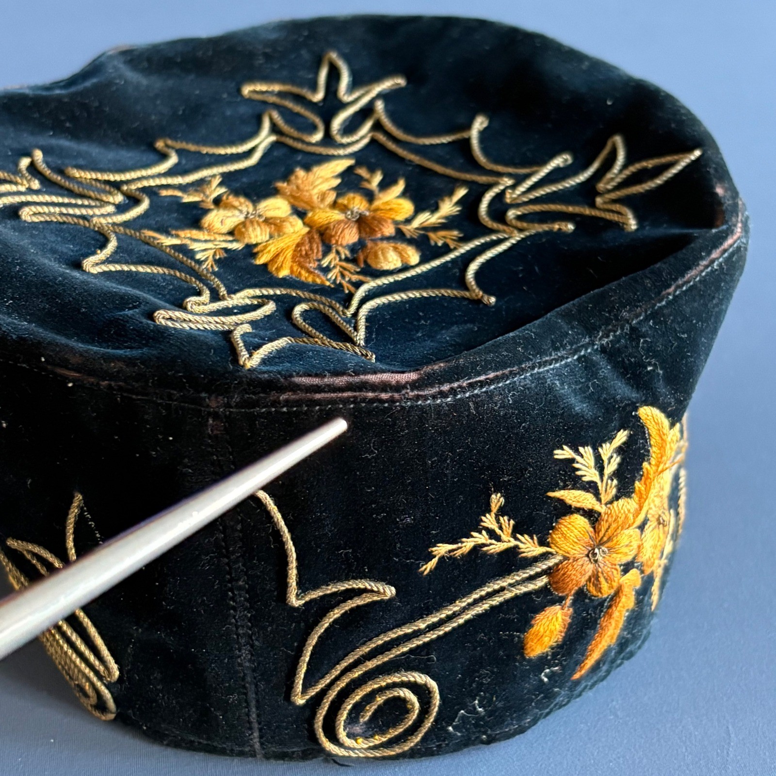 Antique Victorian Silk Velvet Smoking Cap | Size 22 | Bullion Embroidery Fez